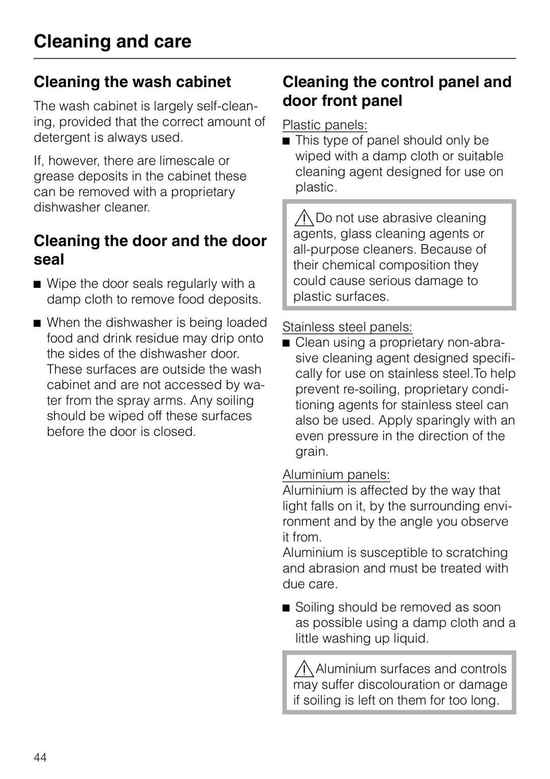 Miele G 8XX, G 6XX operating instructions Cleaning the wash cabinet, Cleaning the door and the door seal, Cleaning and care 