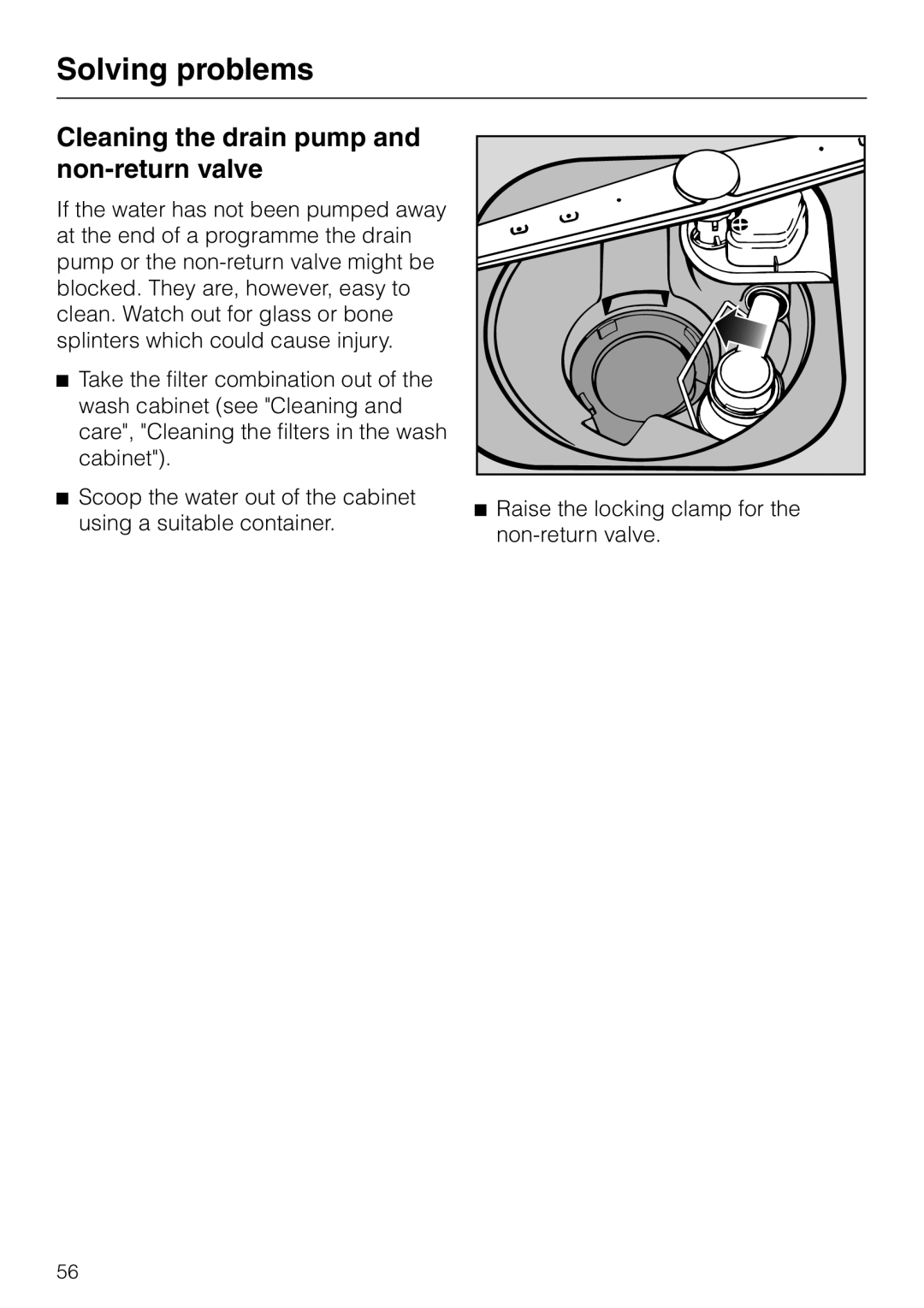 Miele G 8XX, G 6XX operating instructions Cleaning the drain pump and non-return valve, Solving problems 
