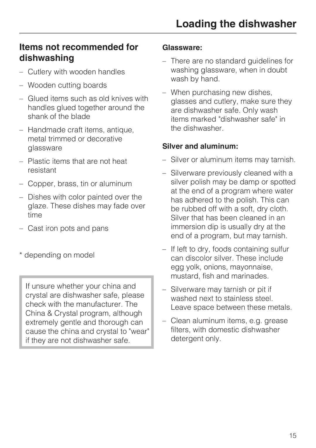 Miele G2142 operating instructions Items not recommended for dishwashing, Glassware, Silver and aluminum 