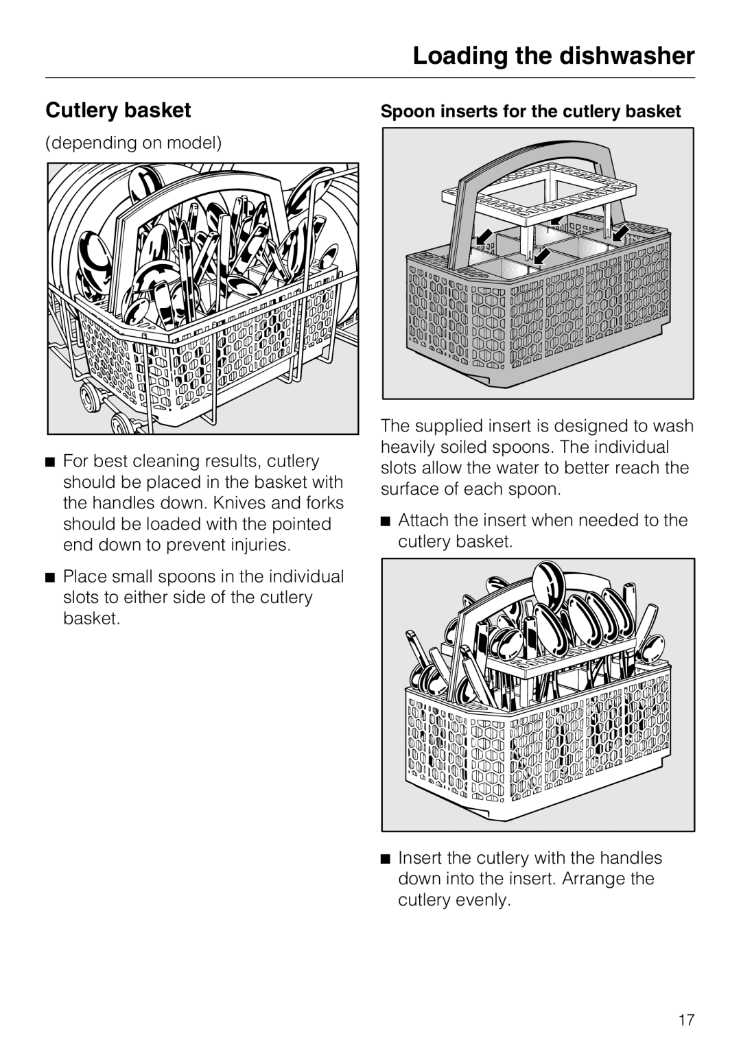 Miele G2142 operating instructions Cutlery basket, Spoon inserts for the cutlery basket 