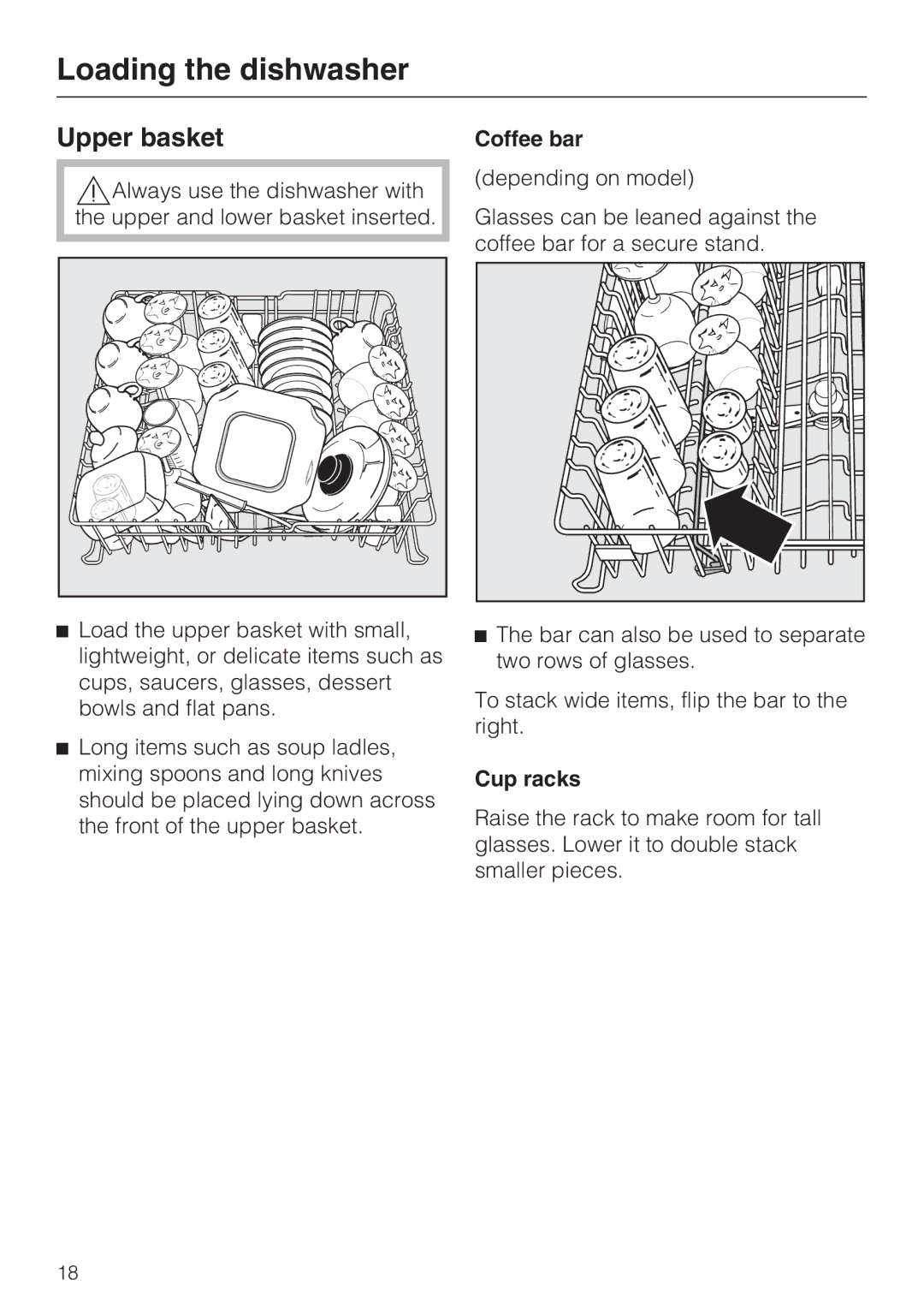 Miele G2142 operating instructions Upper basket, Coffee bar, Cup racks 