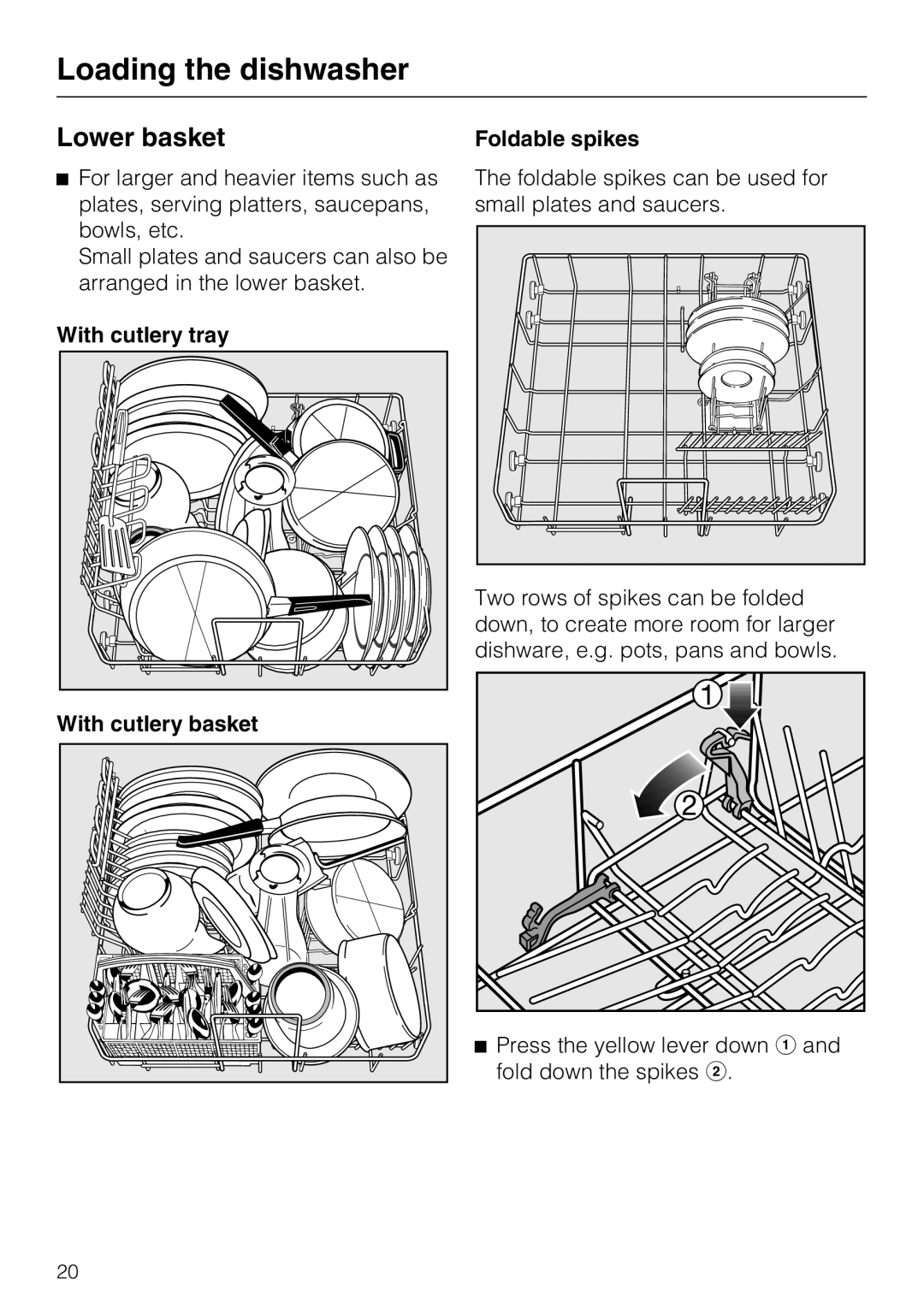 Miele G2142 operating instructions Lower basket, With cutlery tray With cutlery basket Foldable spikes 