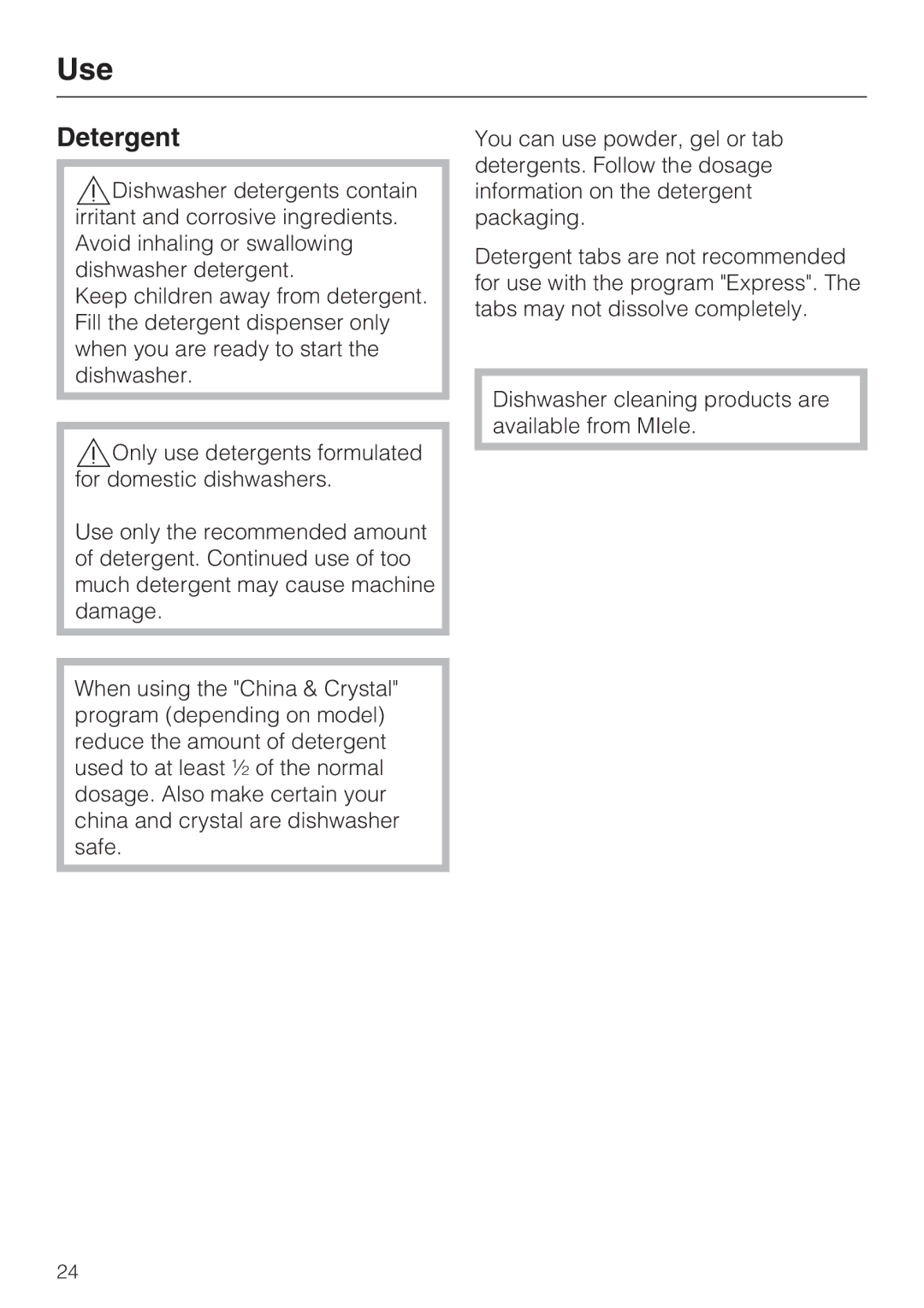 Miele G2142 operating instructions Use, Detergent 