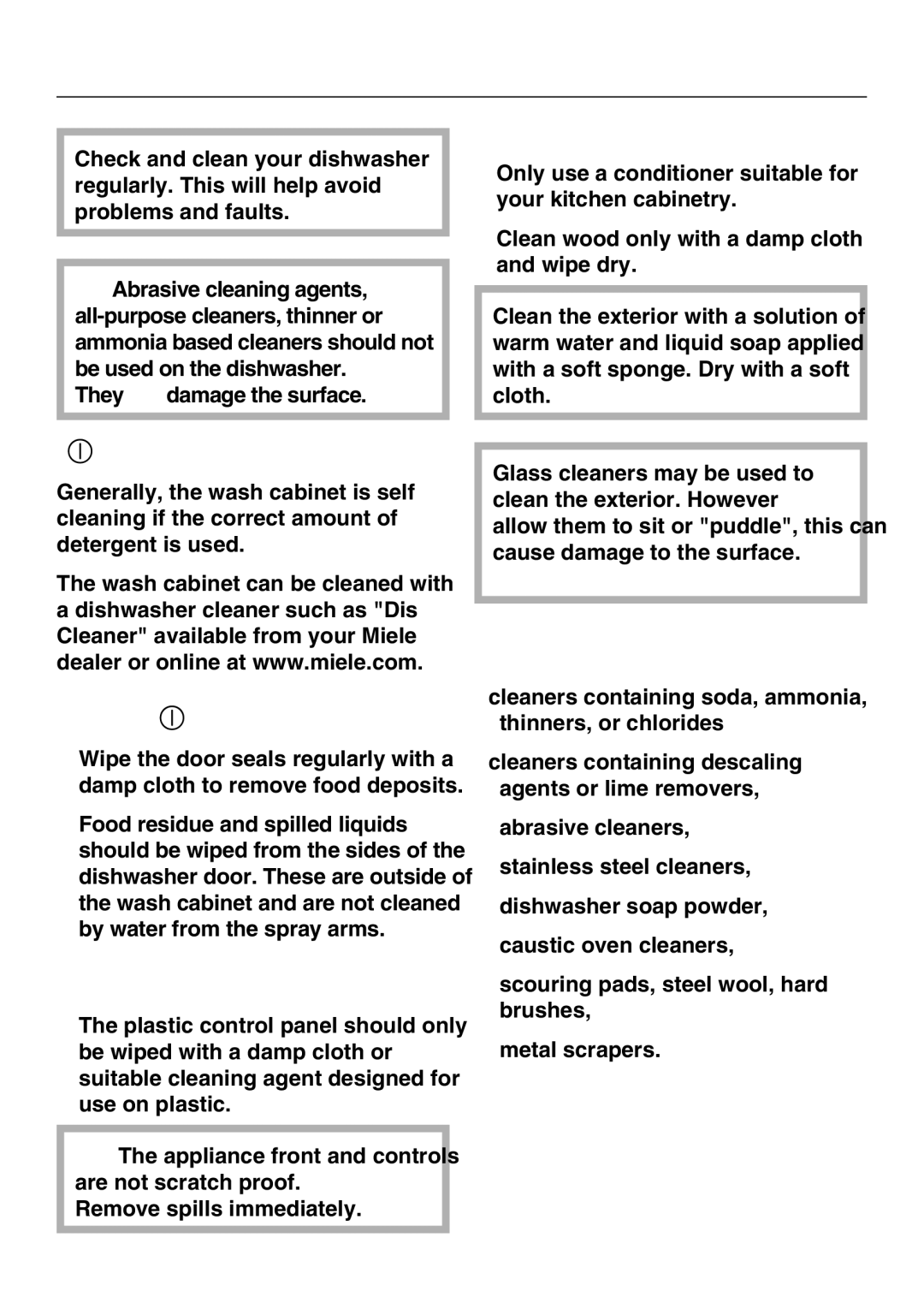 Miele G2142 operating instructions Cleaning and Care, Exterior, Wash cabinet, Door and the door seal 