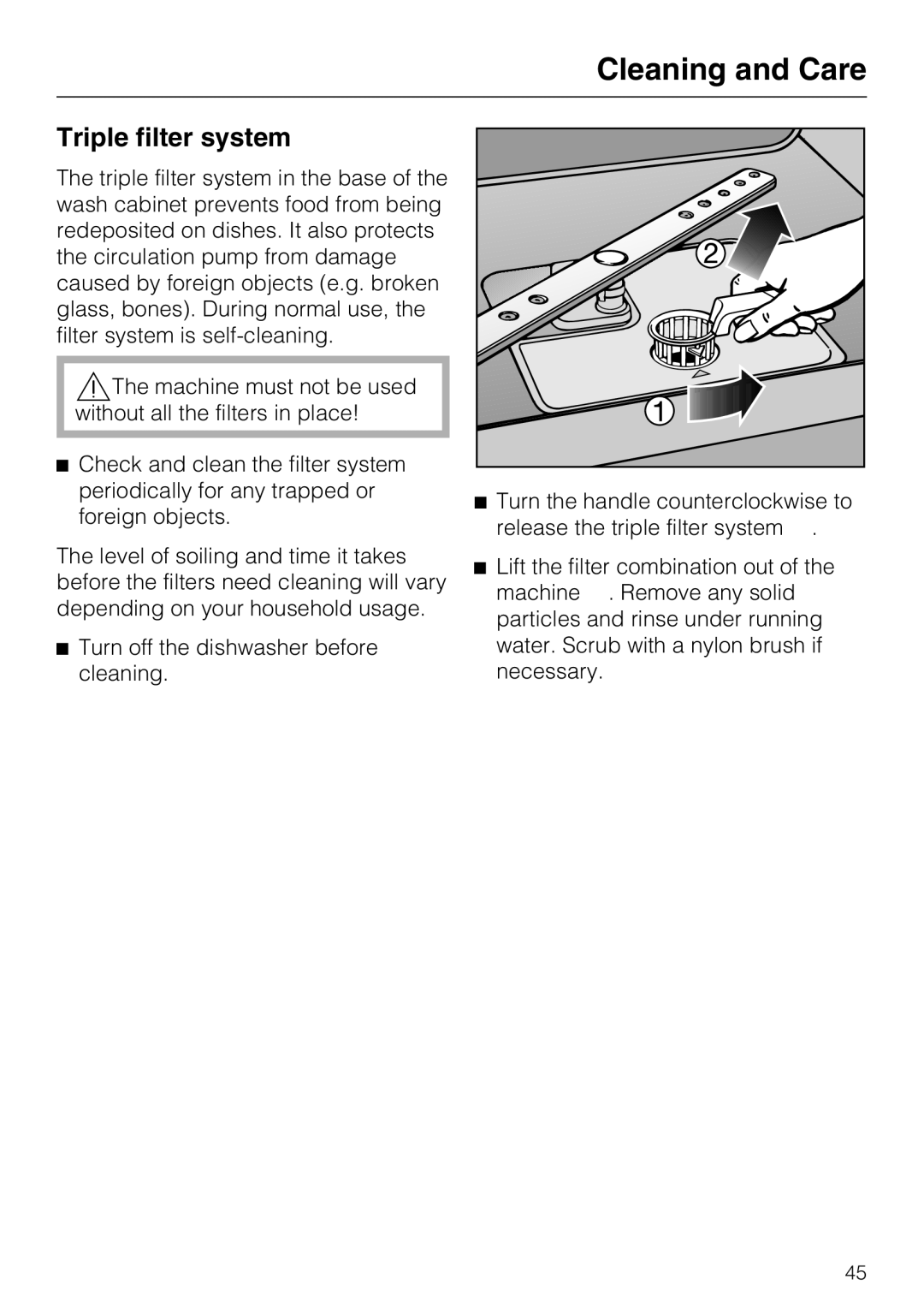 Miele G2142 operating instructions Triple filter system 