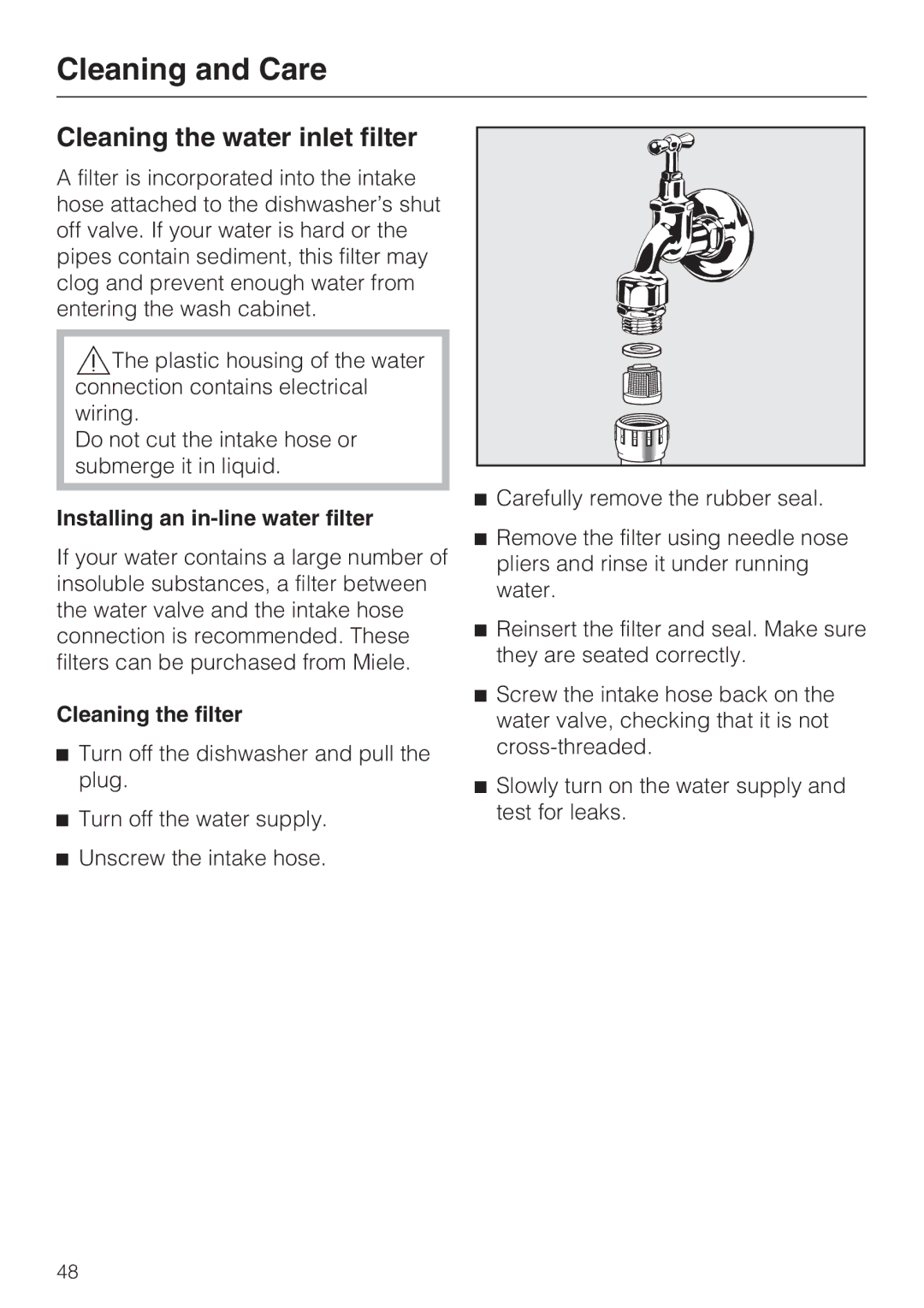 Miele G2142 operating instructions Cleaning the water inlet filter, Installing an in-line water filter, Cleaning the filter 