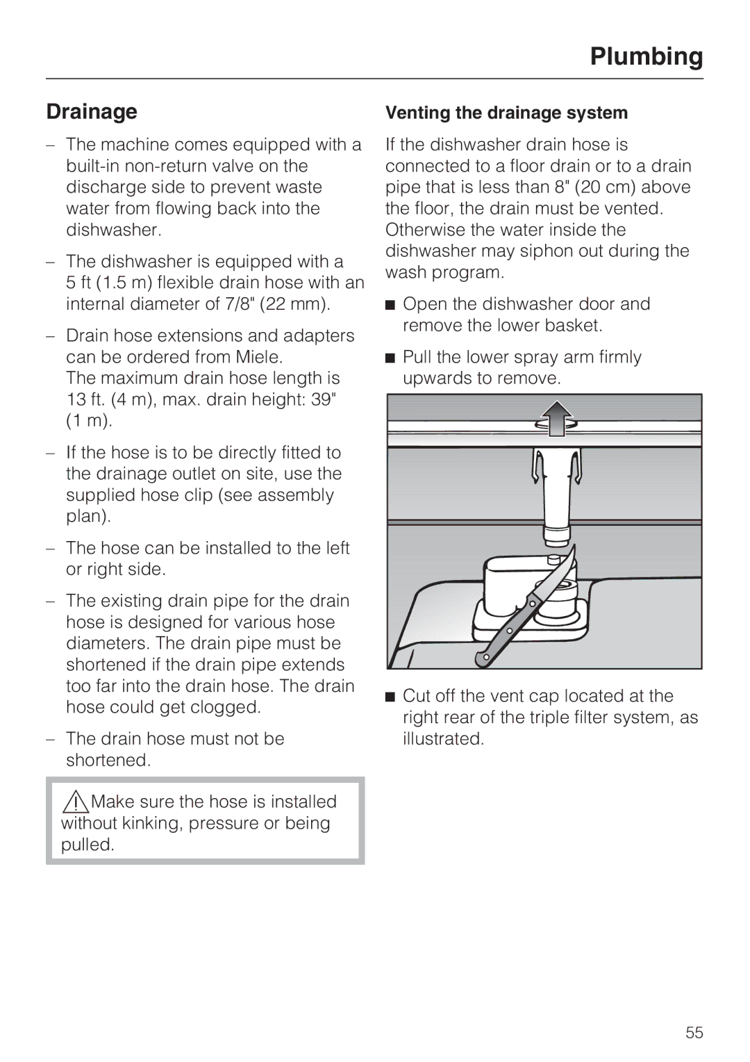 Miele G2142 operating instructions Drainage, Venting the drainage system 