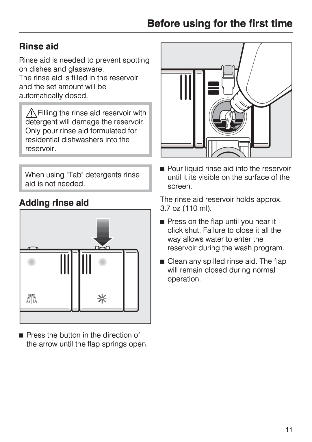 Miele G2142 operating instructions Rinse aid, Adding rinse aid, Before using for the first time 