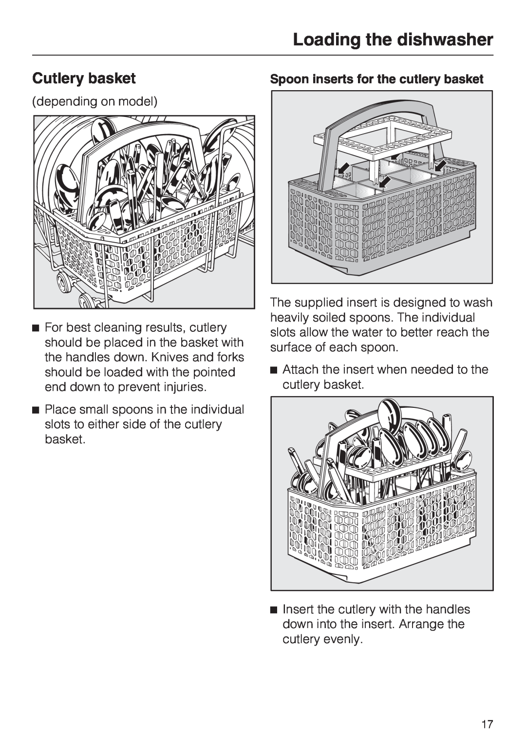 Miele G2142 operating instructions Cutlery basket, Loading the dishwasher, Spoon inserts for the cutlery basket 