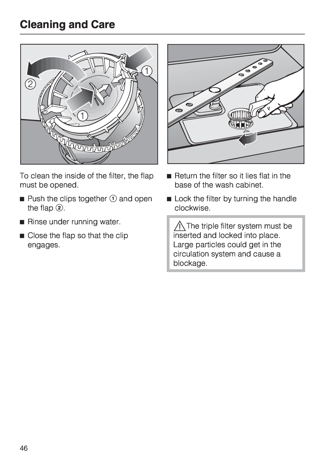 Miele G2142 operating instructions Cleaning and Care, Push the clips together and open the flap 