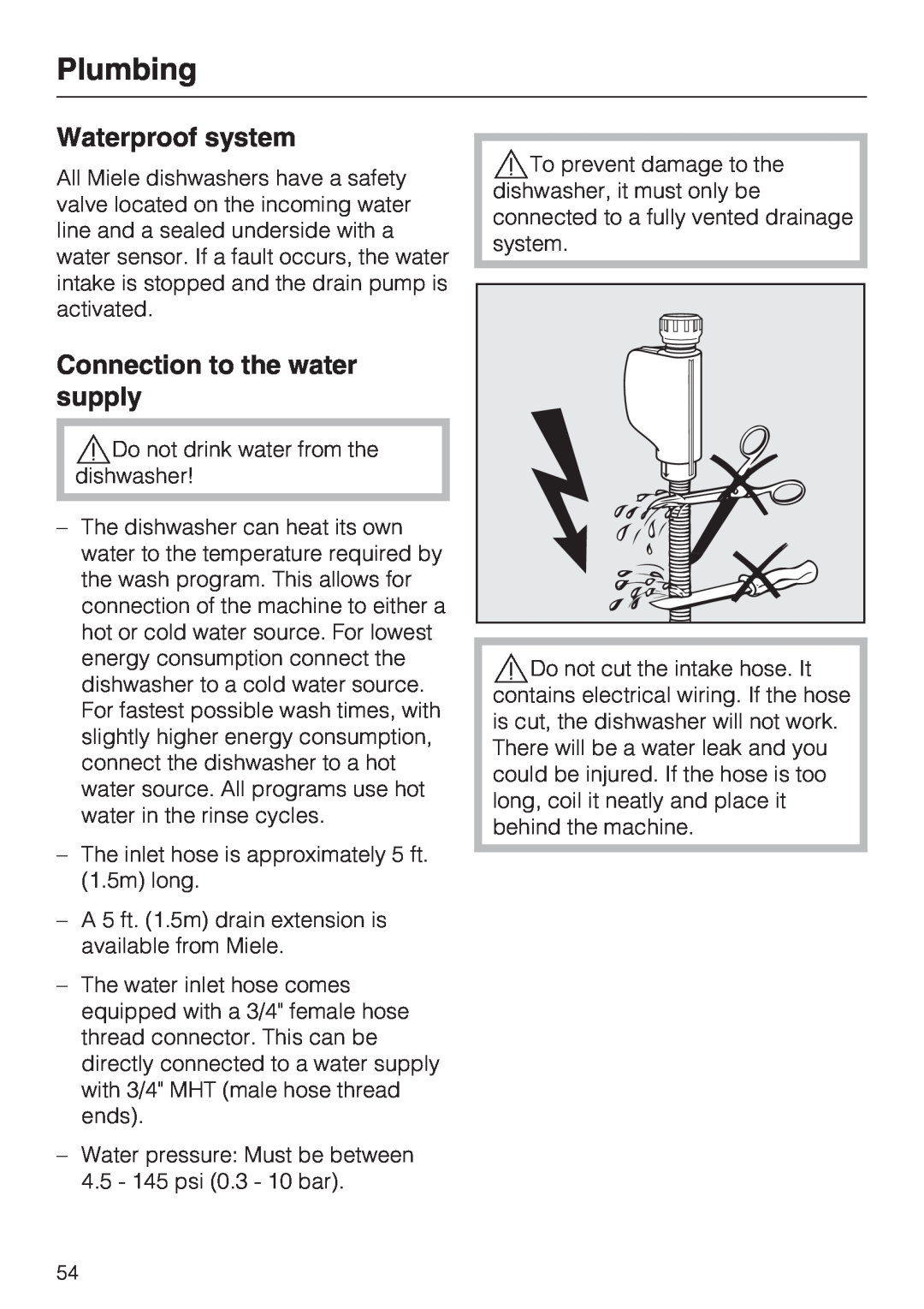 Miele G2142 operating instructions Plumbing, Waterproof system, Connection to the water supply 