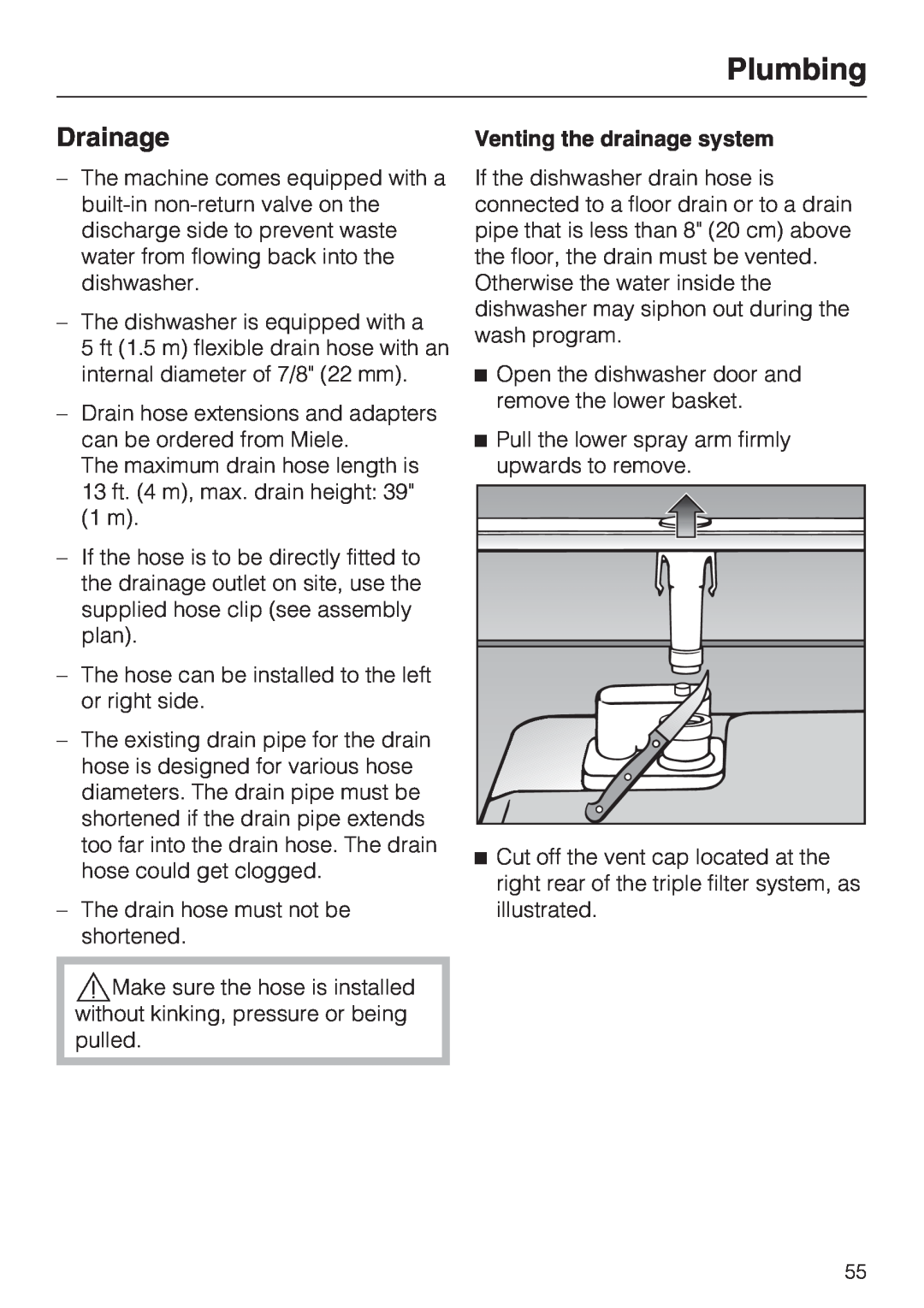 Miele G2142 operating instructions Drainage, Plumbing, Venting the drainage system 