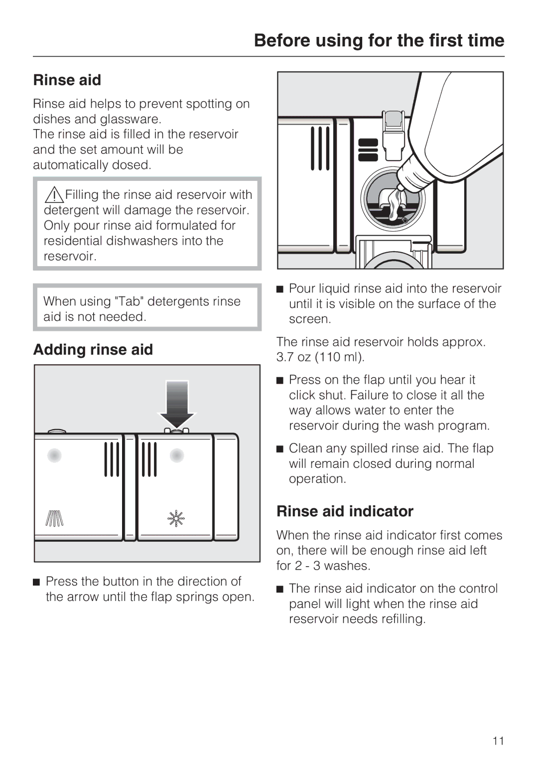 Miele G 1182, G2182 manual Adding rinse aid, Rinse aid indicator 