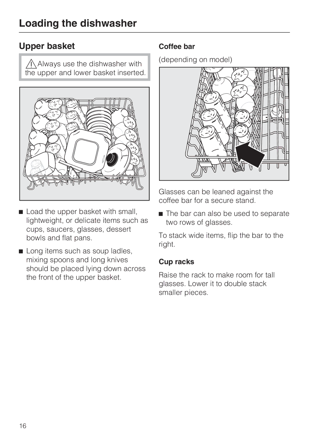 Miele G2182, G 1182 manual Upper basket, Coffee bar, Cup racks 