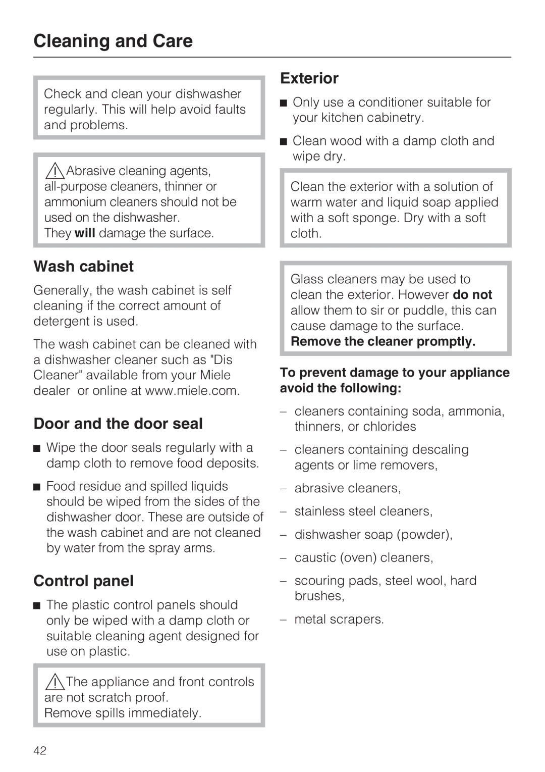 Miele G2182, G 1182 manual Cleaning and Care, Exterior, Wash cabinet, Door and the door seal 