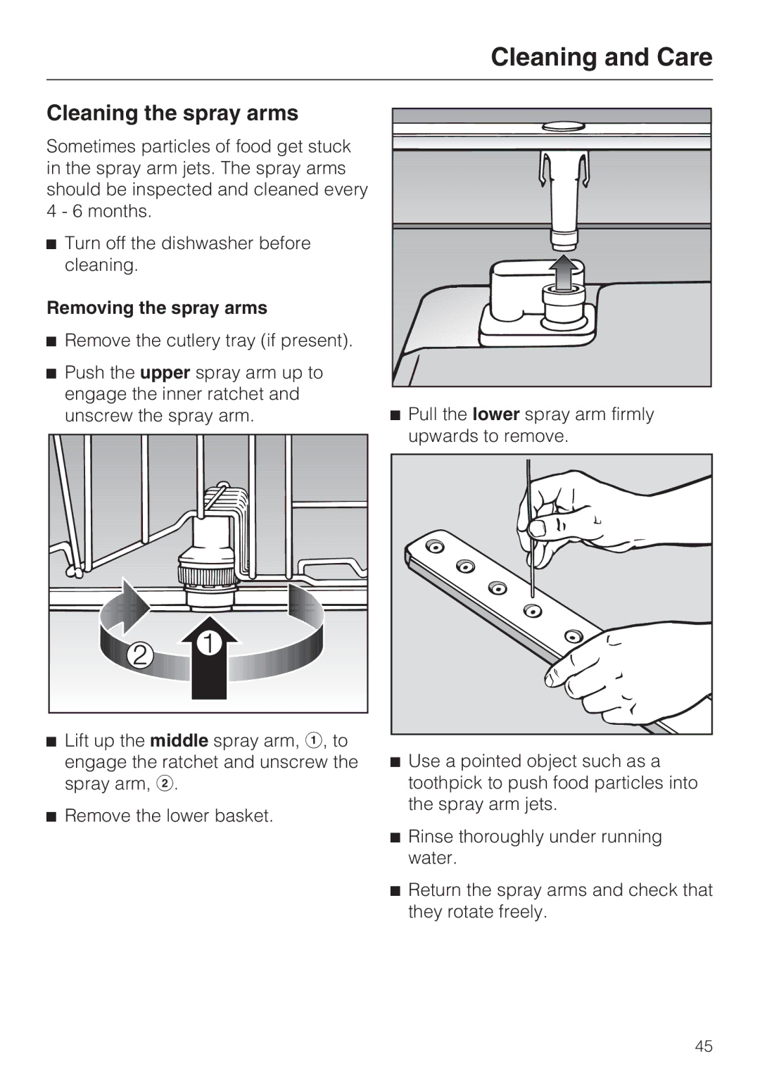 Miele G 1182, G2182 manual Cleaning the spray arms, Removing the spray arms 