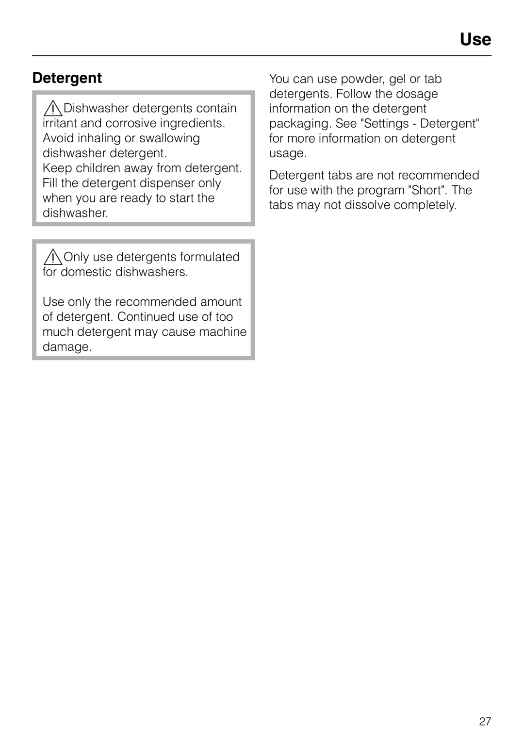 Miele G1470, G2470 operating instructions Use, Detergent 