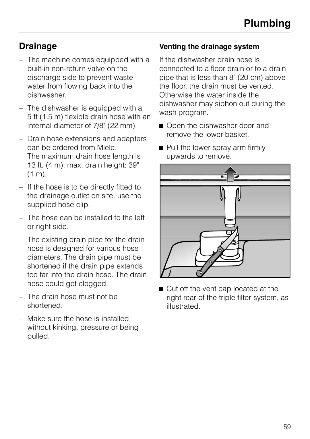 Miele G1470, G2470 operating instructions Drainage, Venting the drainage system 