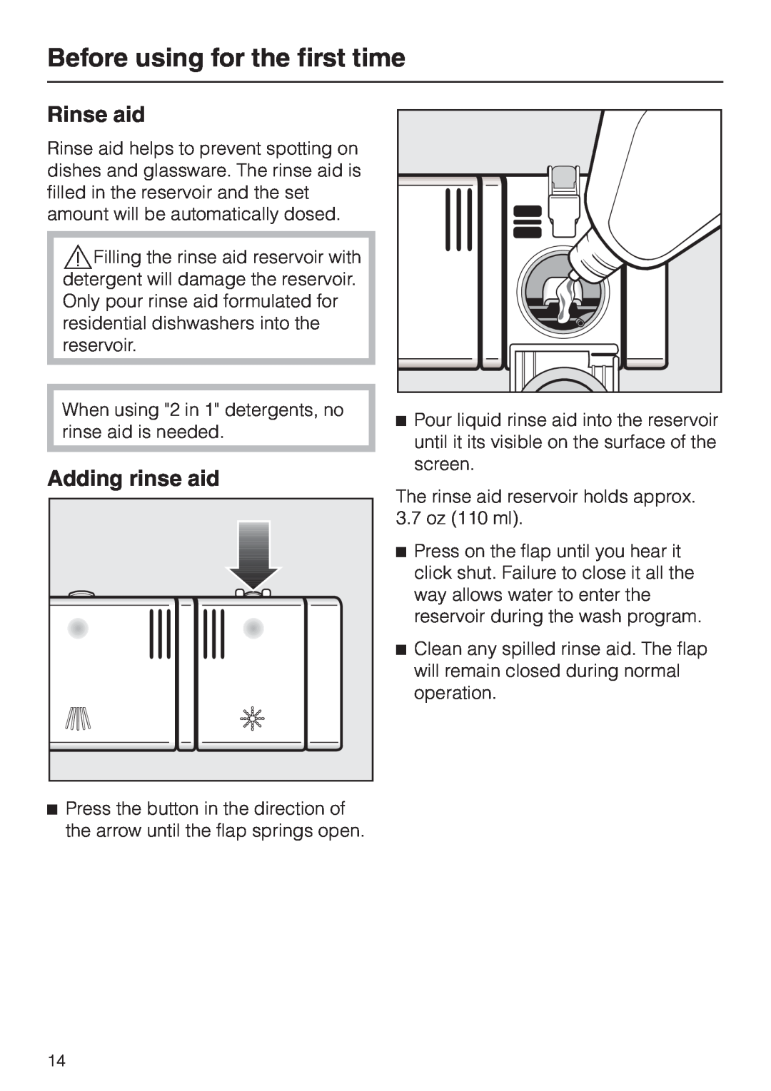 Miele G2470, G1470 operating instructions Rinse aid, Adding rinse aid, Before using for the first time 
