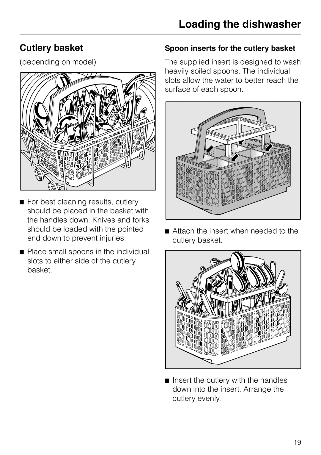 Miele G1470, G2470 operating instructions Cutlery basket, Loading the dishwasher, Spoon inserts for the cutlery basket 