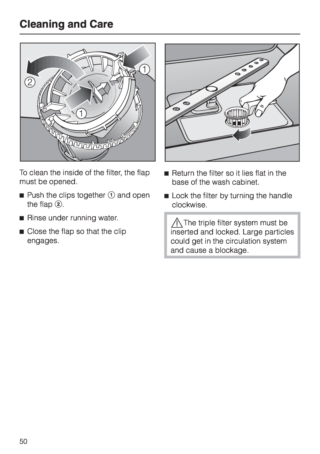 Miele G2470, G1470 operating instructions Cleaning and Care, Push the clips together a and open the flap b 