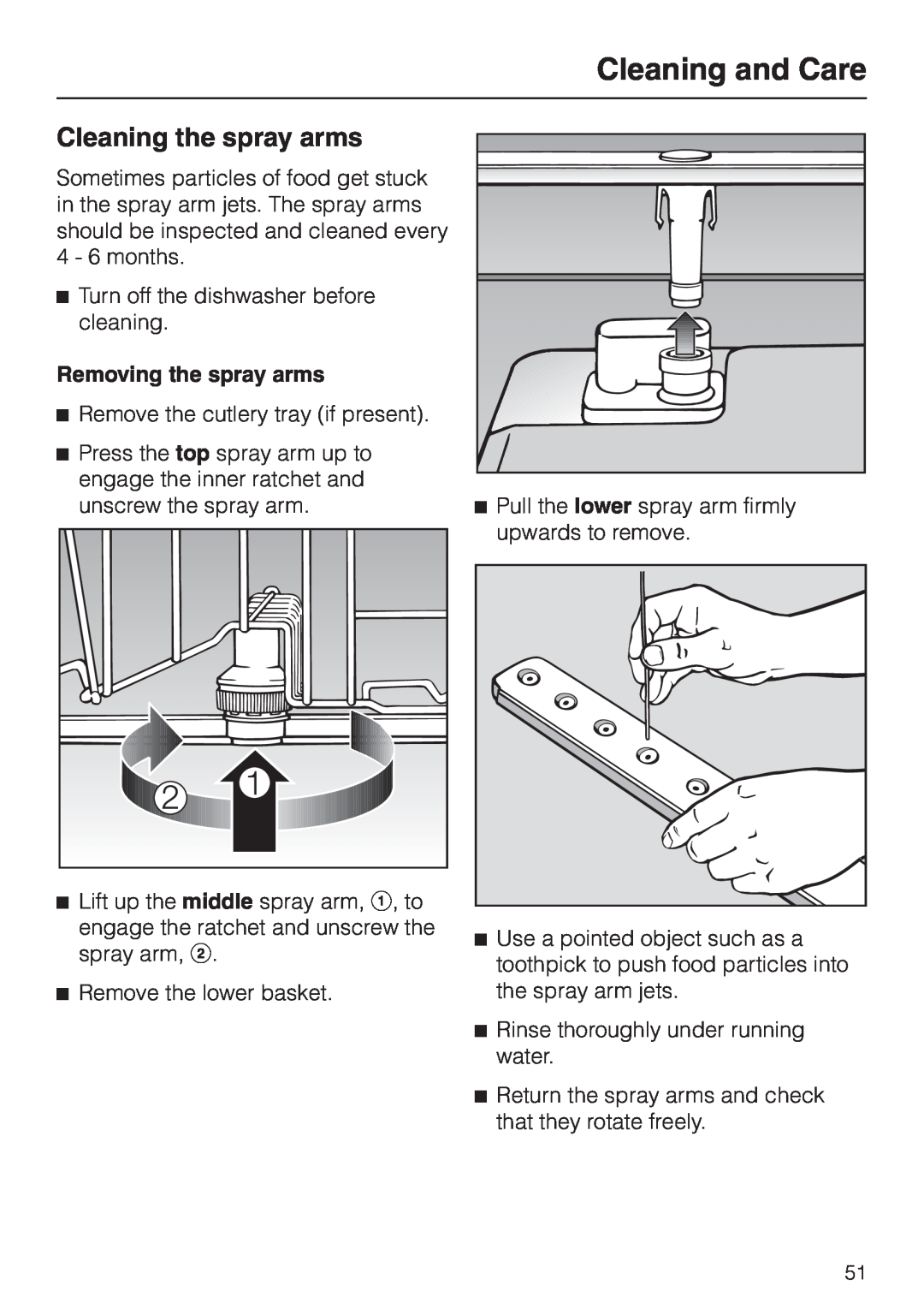 Miele G1470, G2470 operating instructions Cleaning the spray arms, Cleaning and Care, Removing the spray arms 