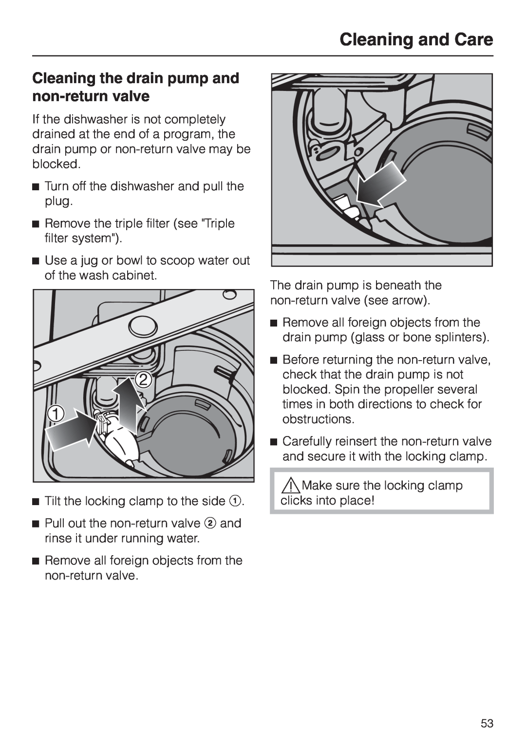 Miele G1470, G2470 operating instructions Cleaning the drain pump and non-returnvalve, Cleaning and Care 