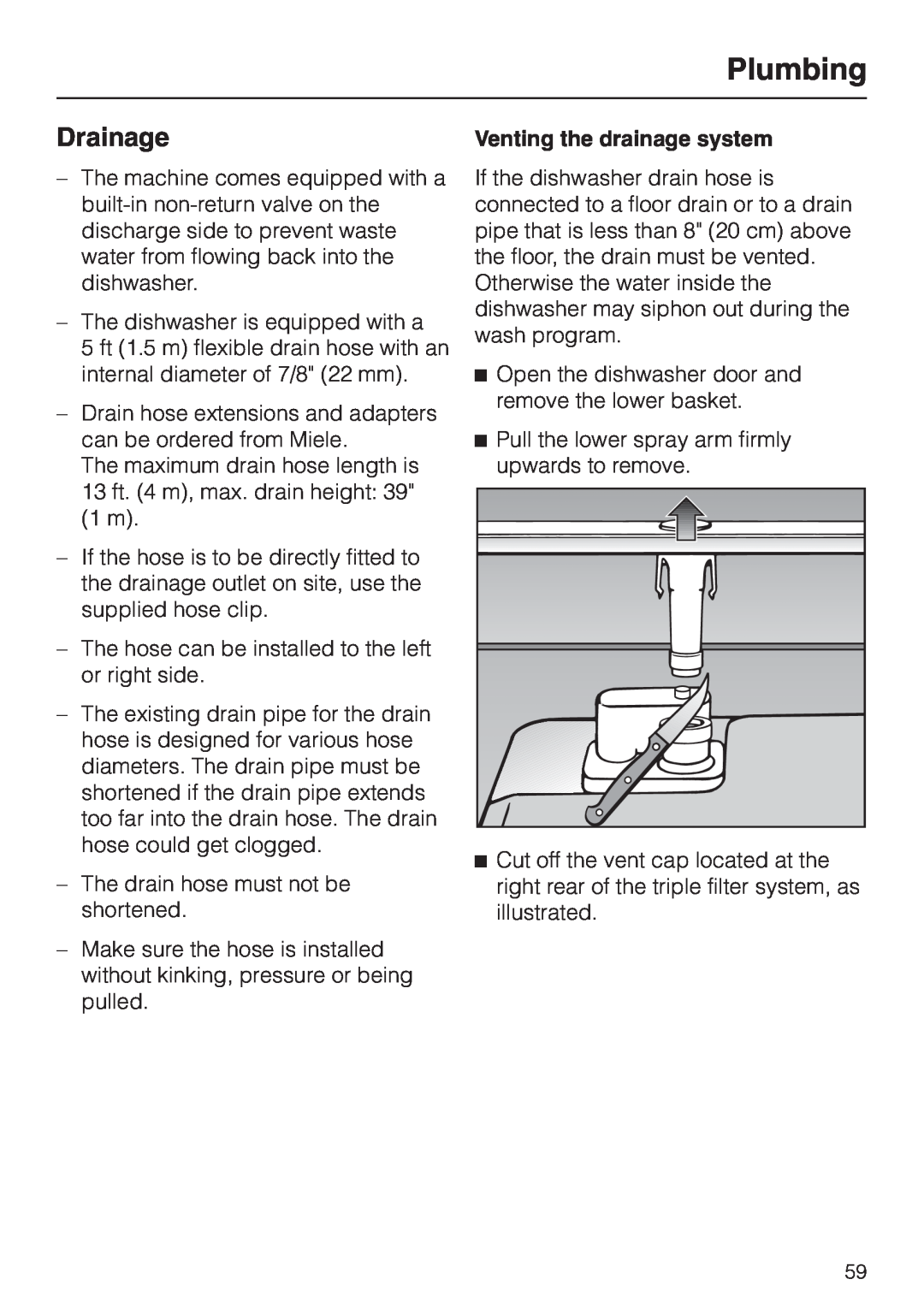 Miele G1470, G2470 operating instructions Drainage, Plumbing, Venting the drainage system 
