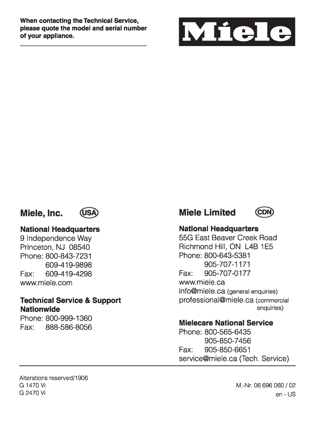 Miele G2470, G1470 operating instructions Alterations reserved/1906, G 1470, G 2470, en - US, M.-Nr.06 696 060 