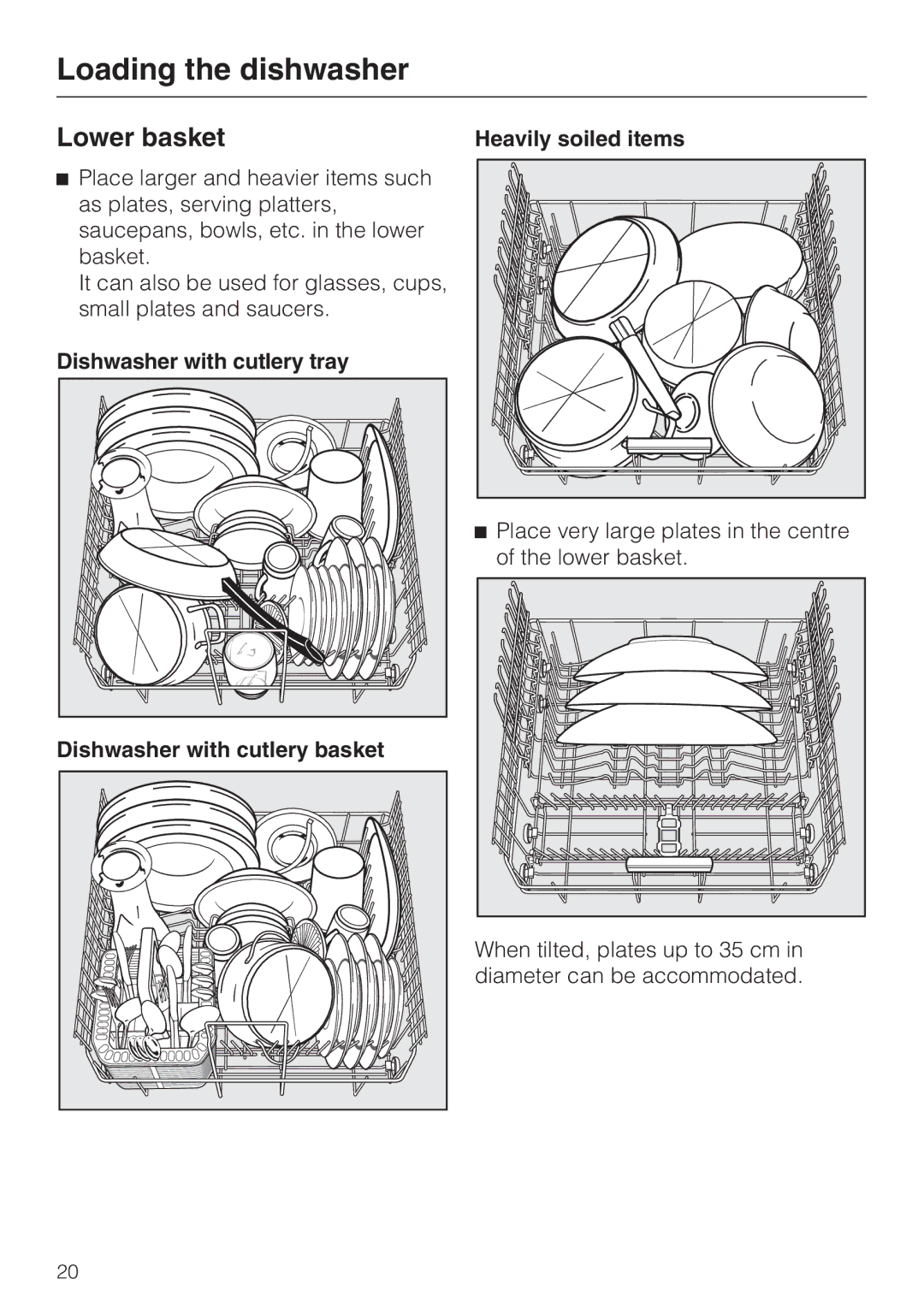 Miele G4286, G4281 manual Lower basket, Heavily soiled items, Dishwasher with cutlery tray Dishwasher with cutlery basket 