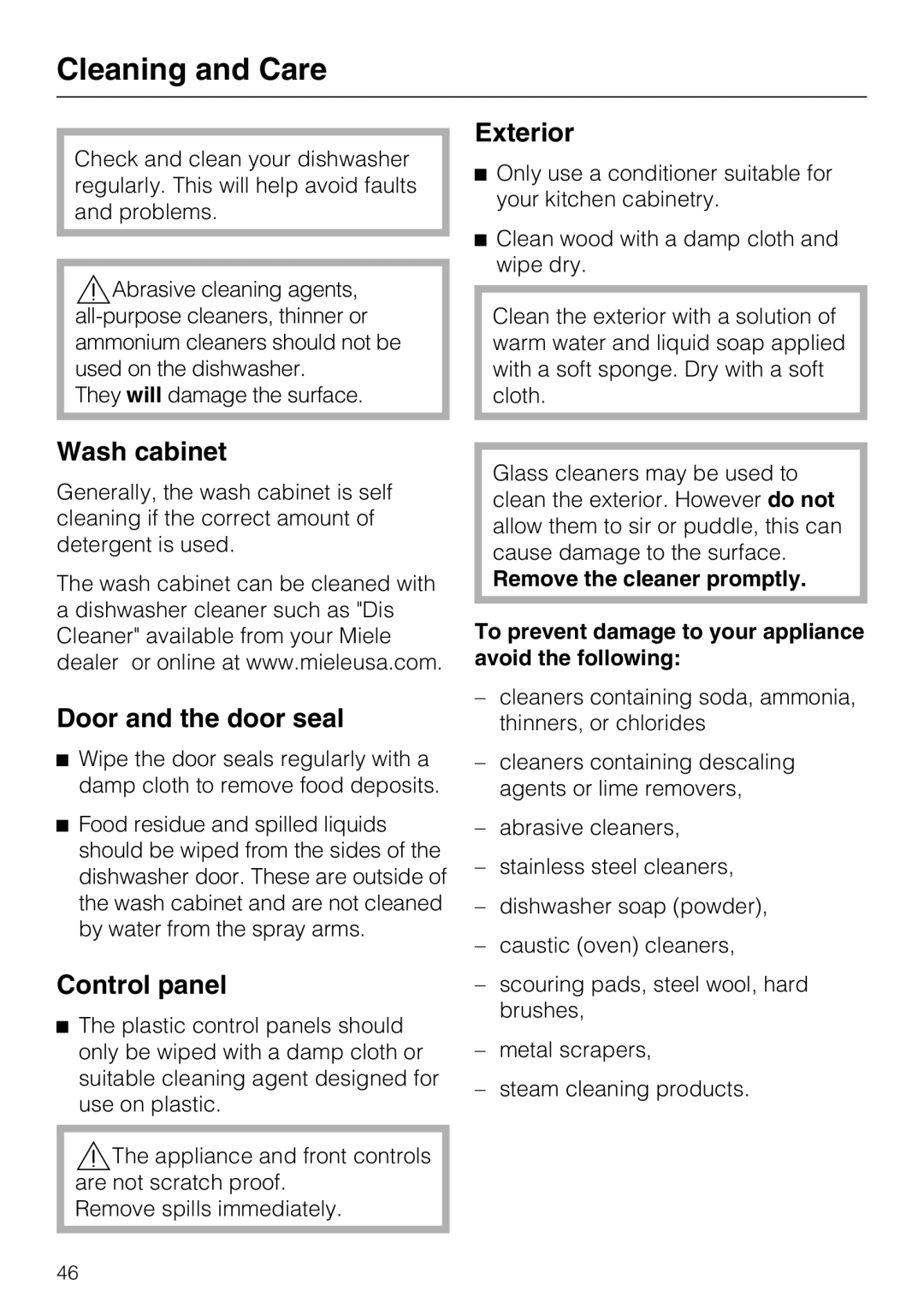 Miele G4286, G4281 manual Cleaning and Care, Exterior, Wash cabinet, Door and the door seal 