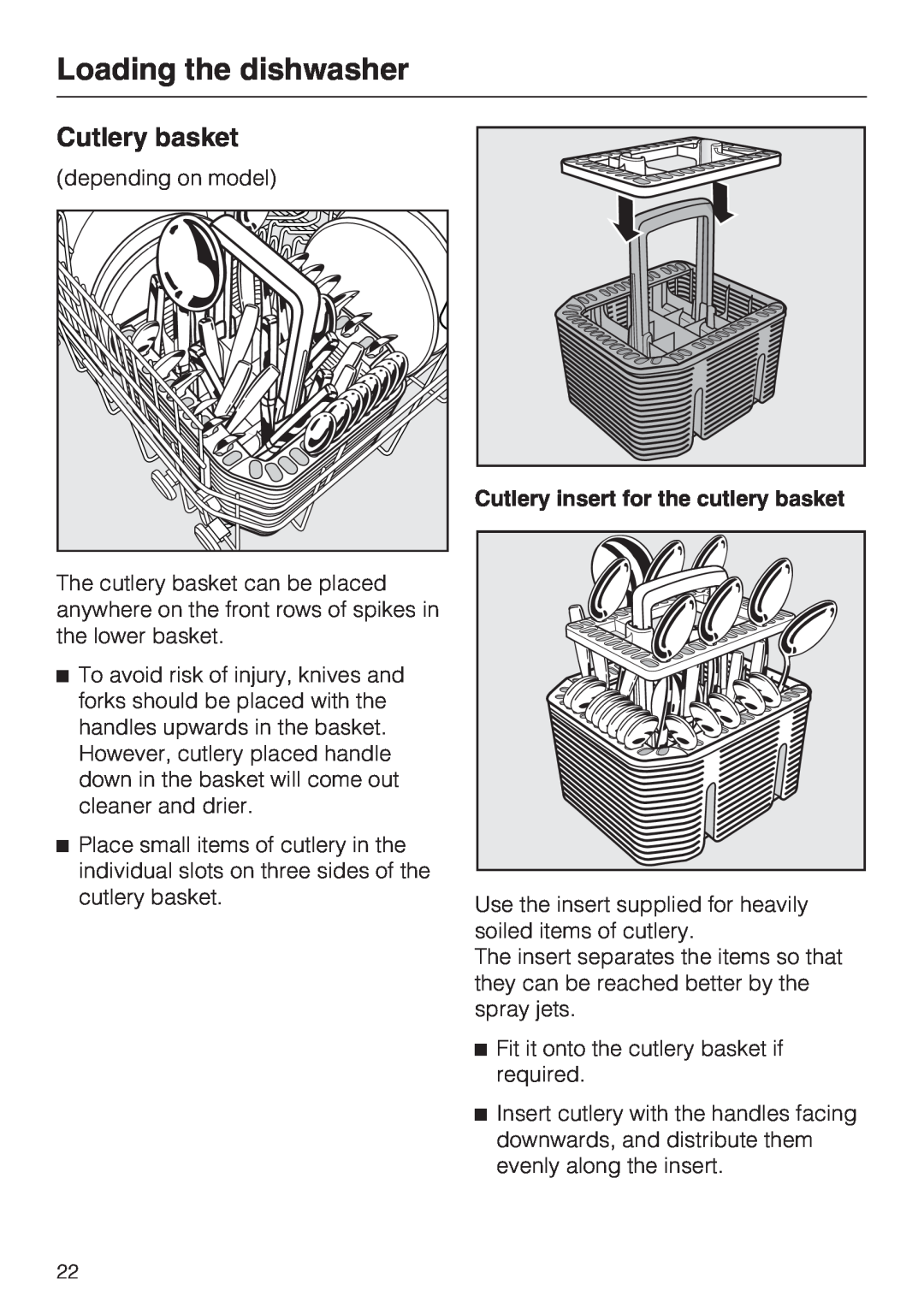 Miele G4286, G4281 manual Cutlery basket, Loading the dishwasher, Cutlery insert for the cutlery basket 