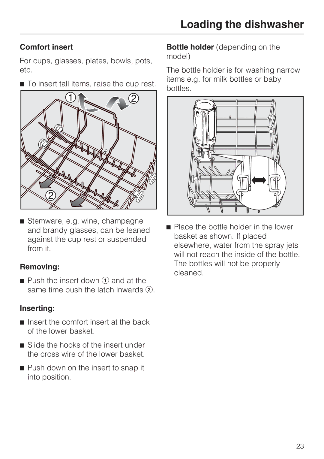 Miele G4510 manual Comfort insert, Removing, Inserting 