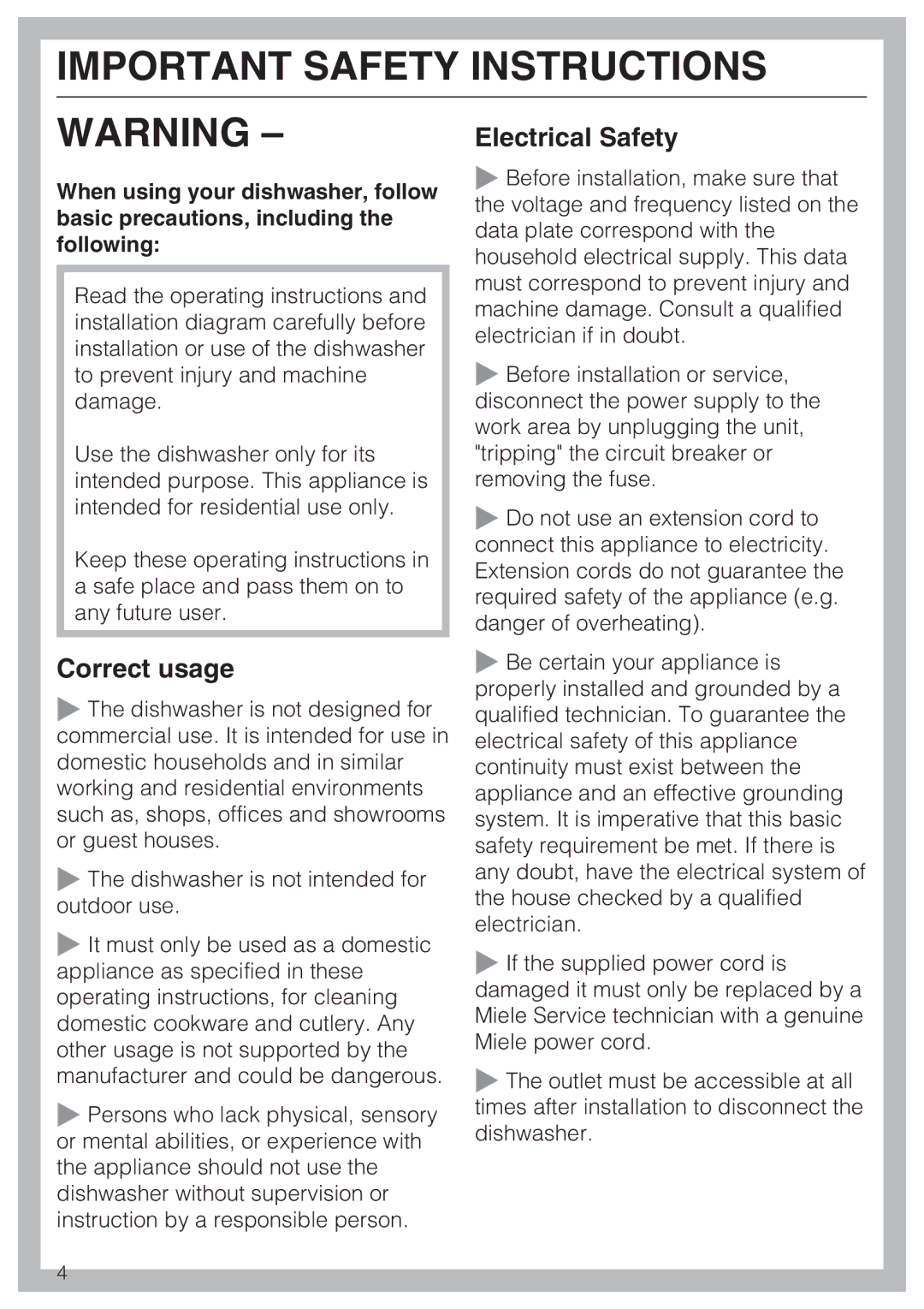 Miele G4510 manual Electrical Safety, Correct usage 