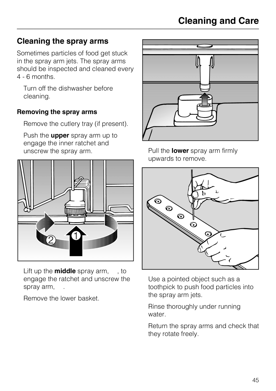 Miele G4510 manual Cleaning the spray arms, Removing the spray arms 