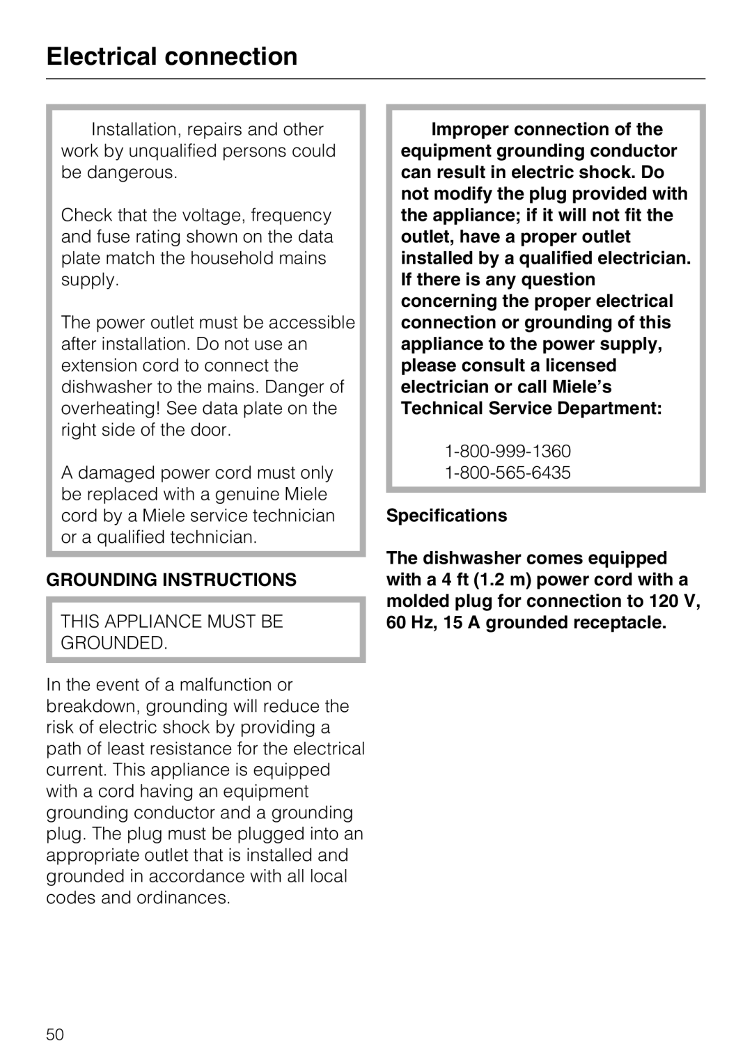 Miele G4510 manual Electrical connection, Grounding Instructions 