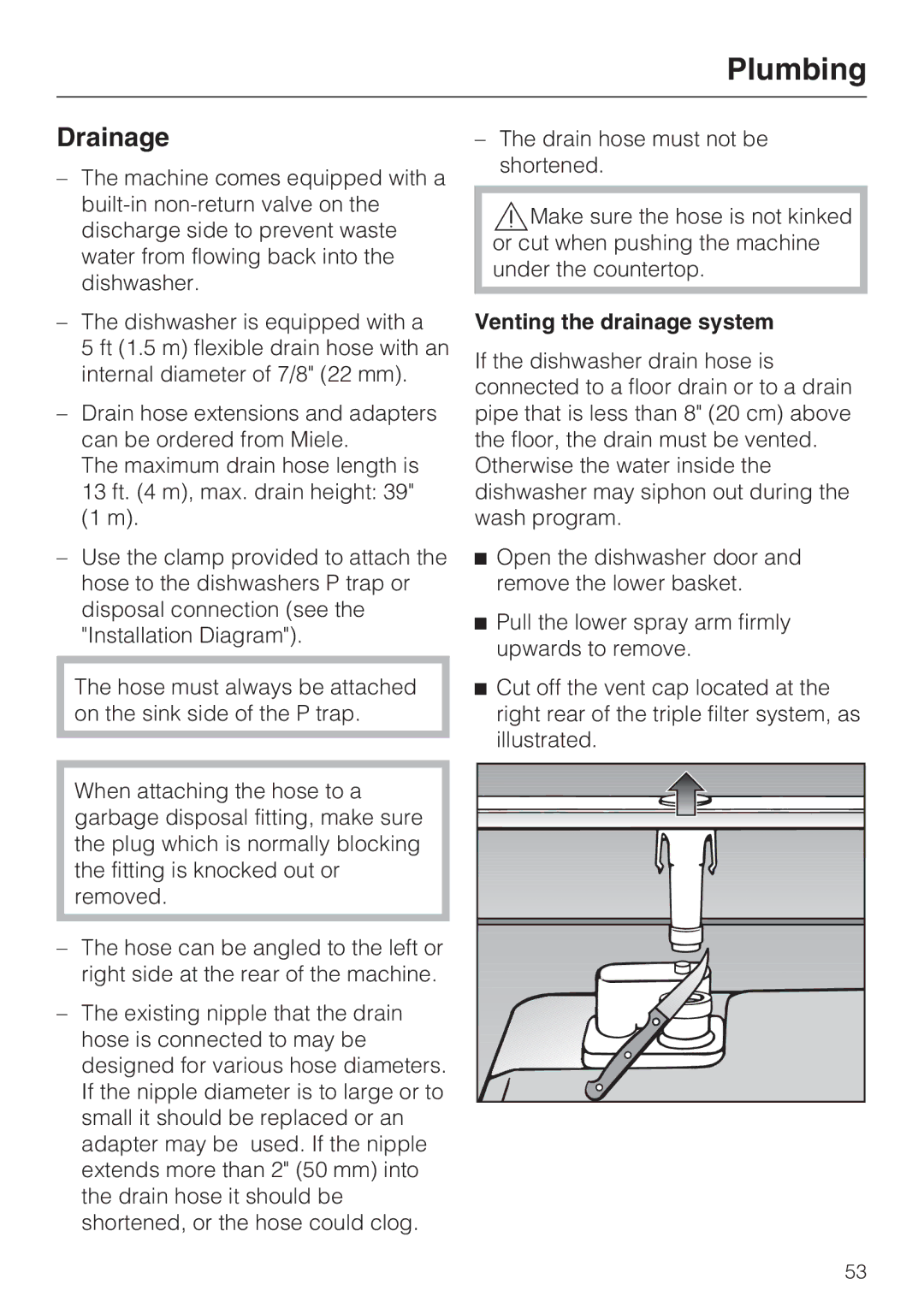 Miele G4510 manual Drainage, Venting the drainage system 