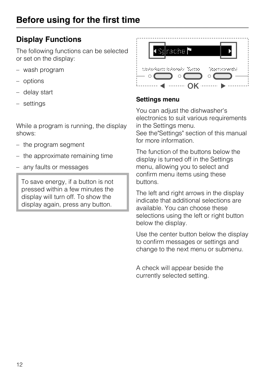 Miele G5605, G5600 manual Display Functions, Settings menu 