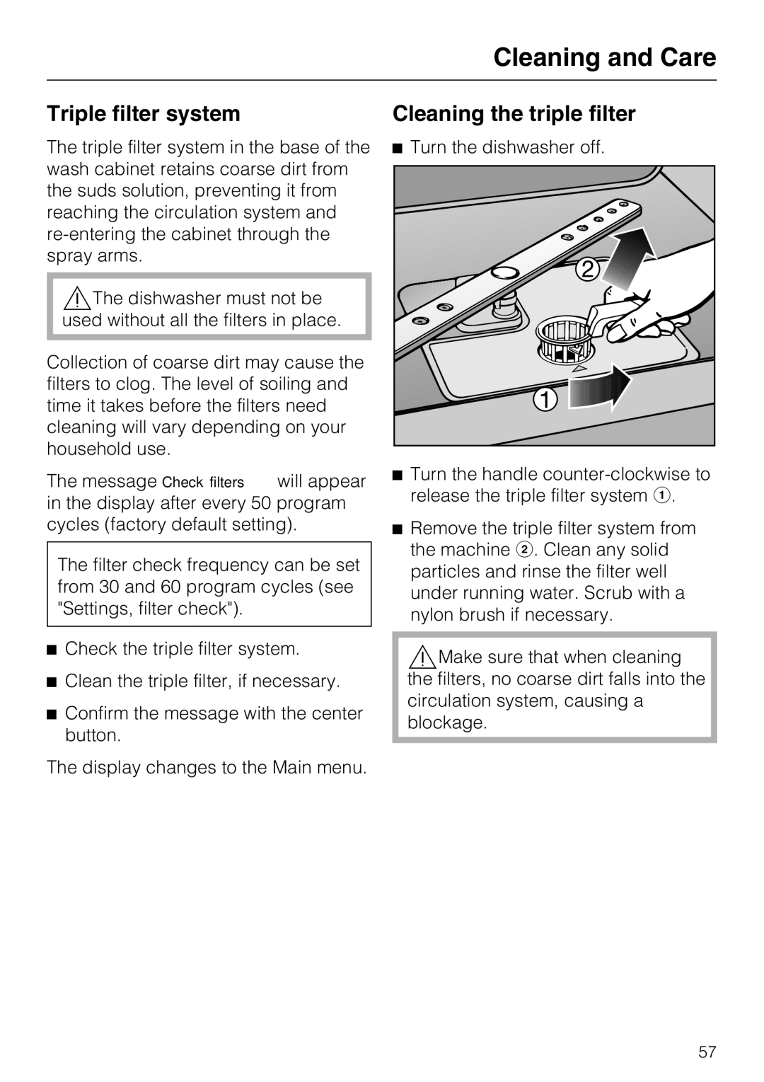 Miele G5600, G5605 manual Triple filter system, Cleaning the triple filter 