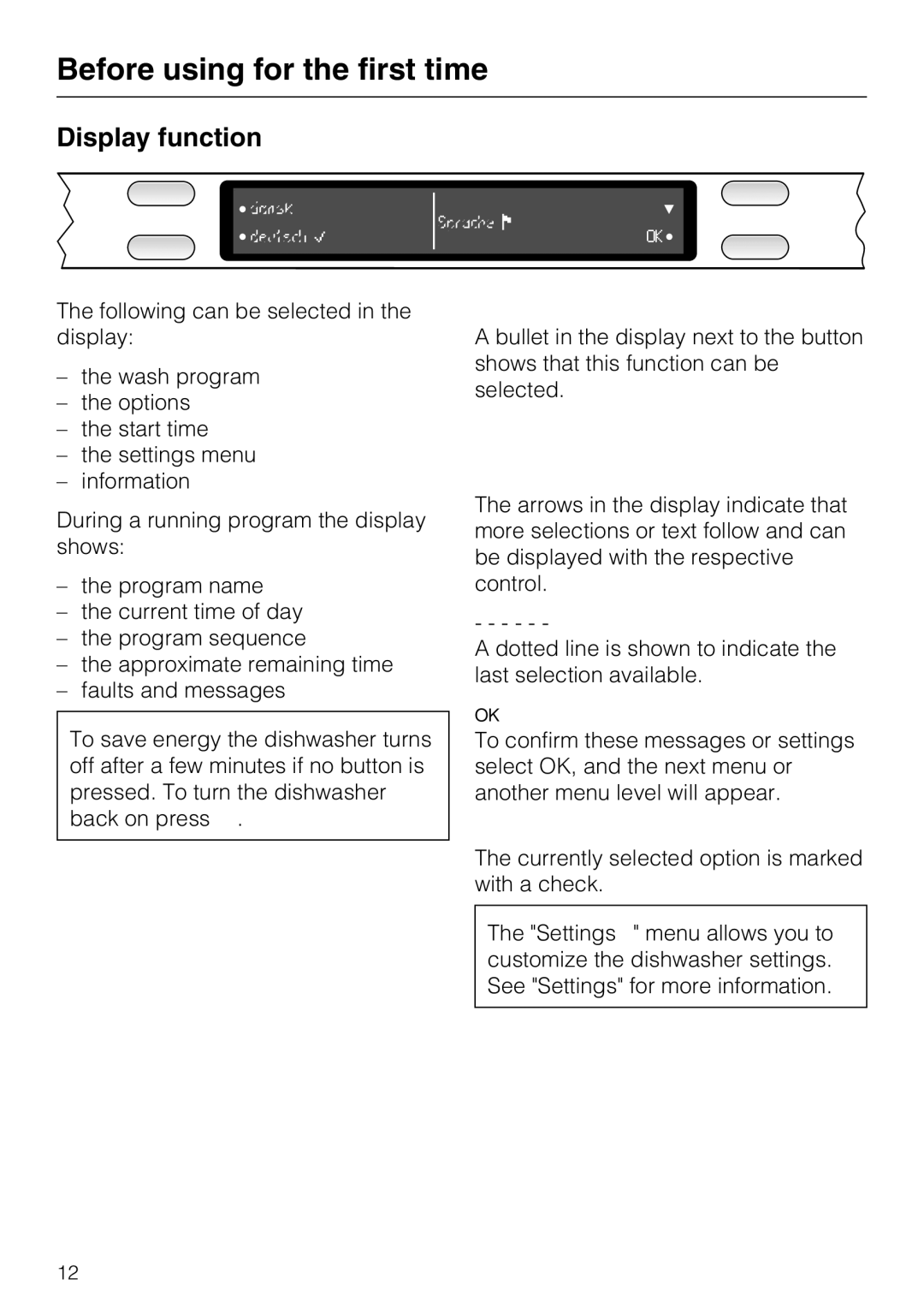 Miele G5975, G 5970 operating instructions Display function 