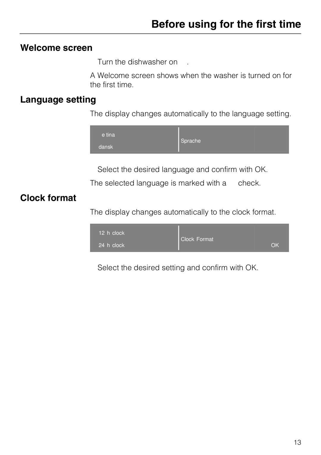 Miele G 5970, G5975 operating instructions Welcome screen, Language setting, Clock format 