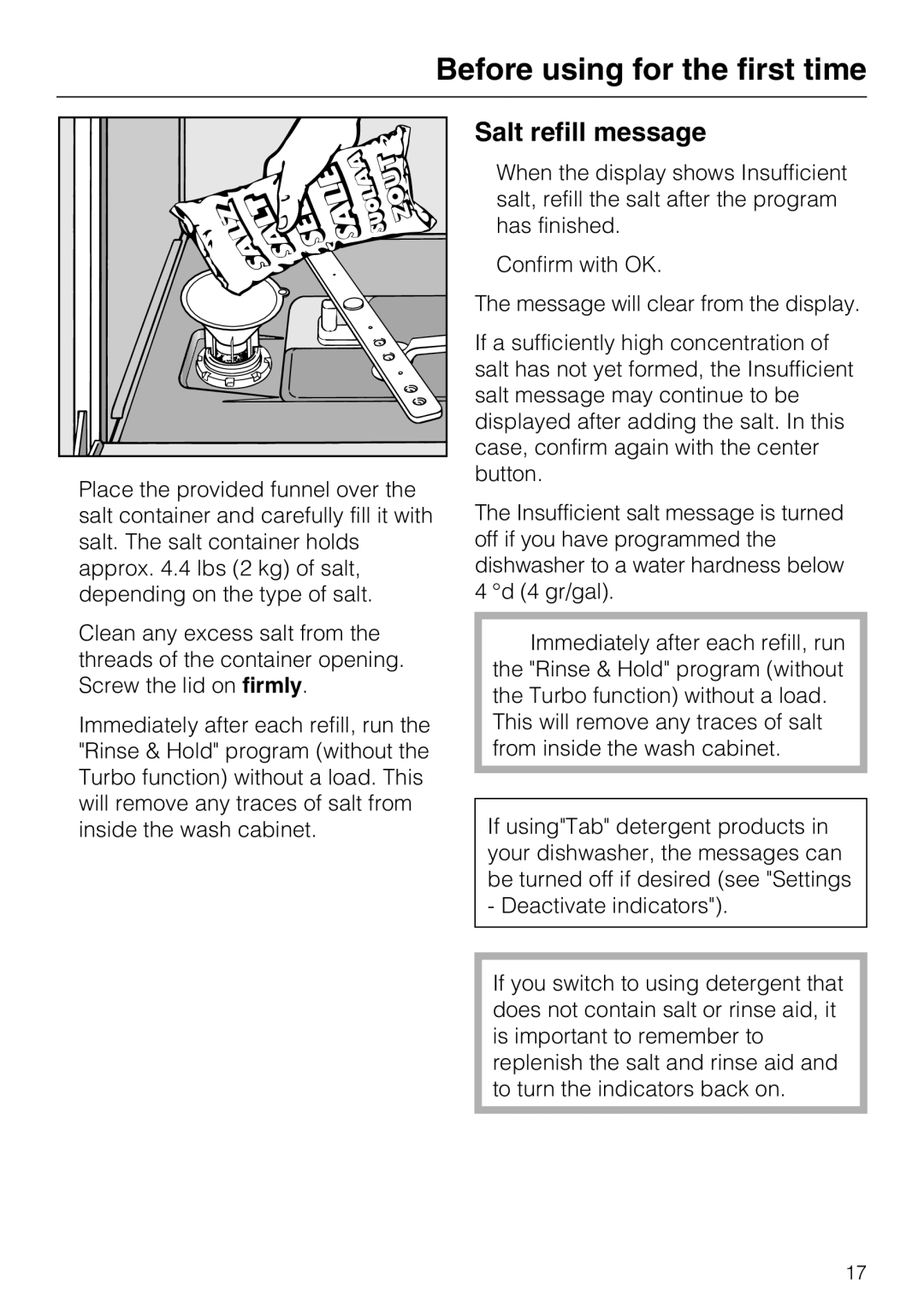 Miele G 5970, G5975 operating instructions Salt refill message 