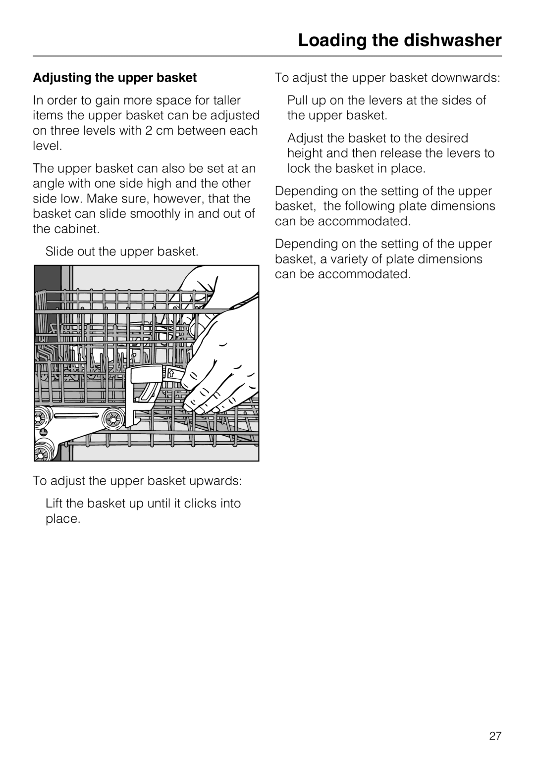 Miele G 5970, G5975 operating instructions Adjusting the upper basket 