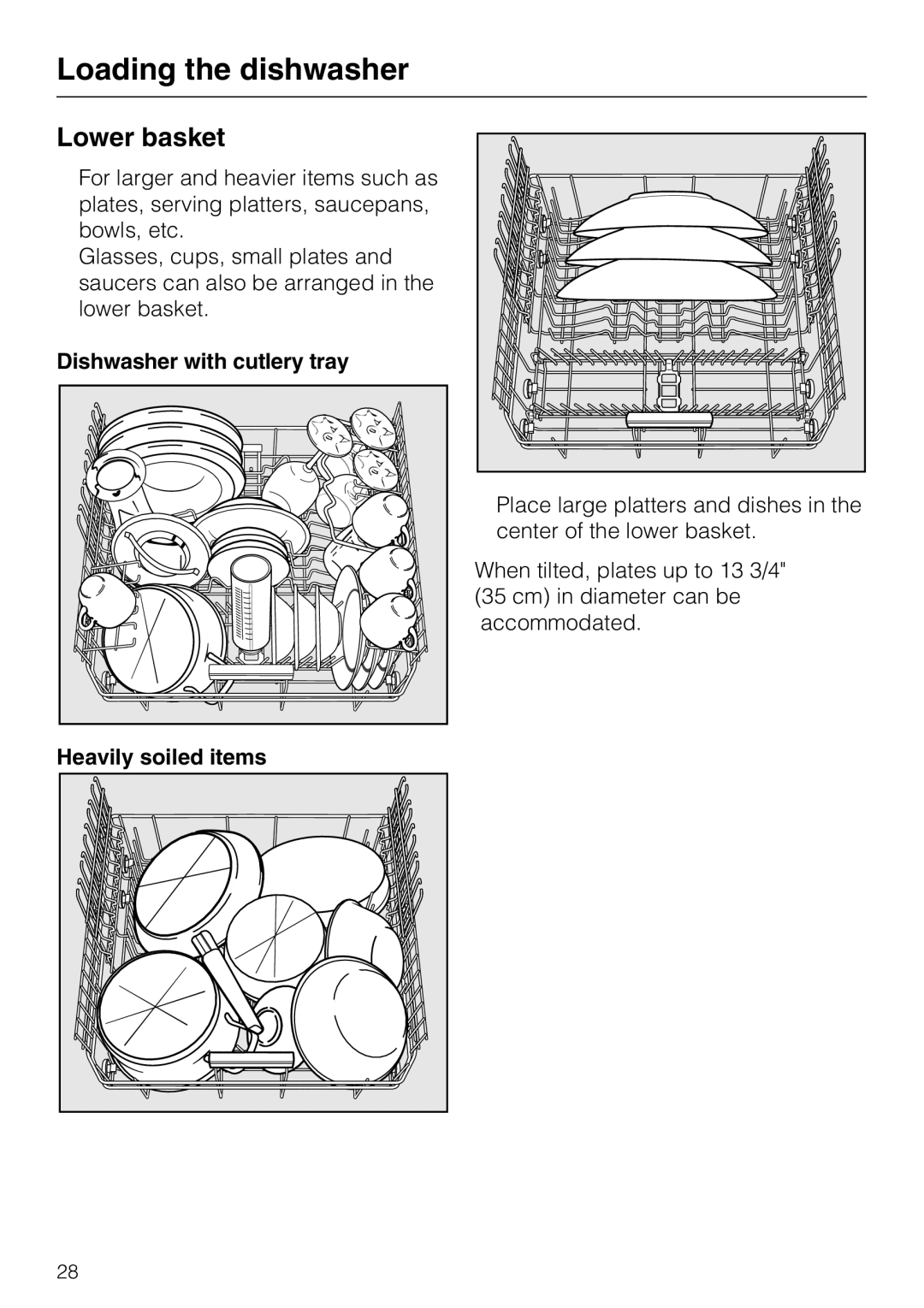 Miele G5975, G 5970 operating instructions Lower basket, Dishwasher with cutlery tray Heavily soiled items 