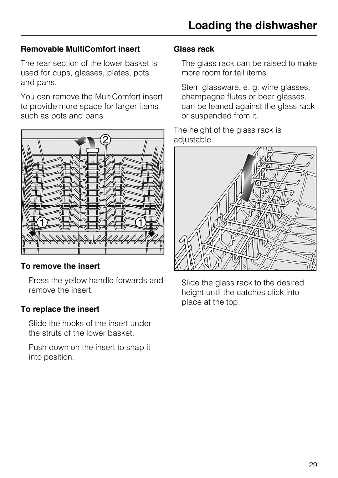 Miele G 5970, G5975 Removable MultiComfort insert, To remove the insert, To replace the insert, Glass rack 