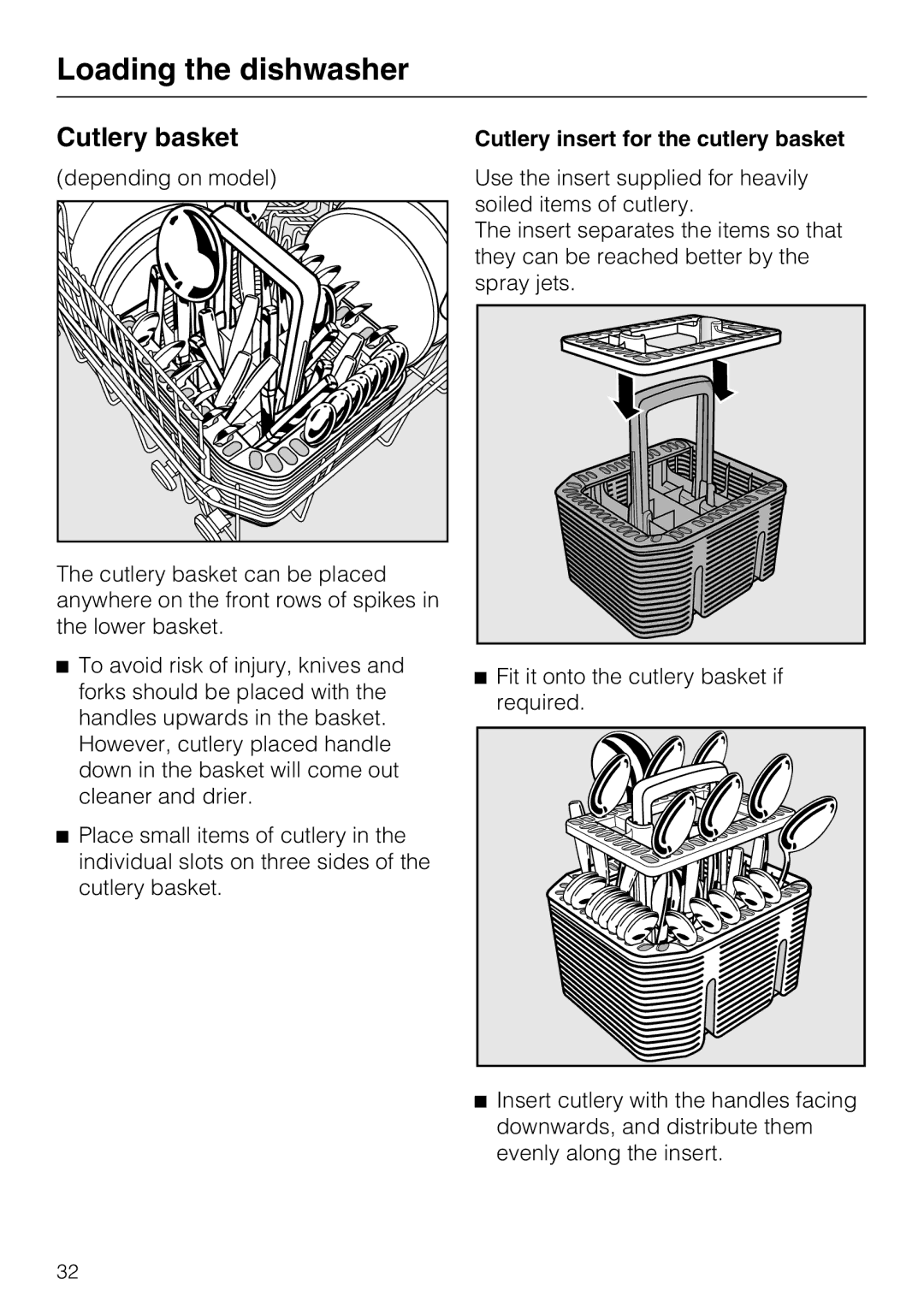 Miele G5975, G 5970 operating instructions Cutlery basket, Cutlery insert for the cutlery basket 