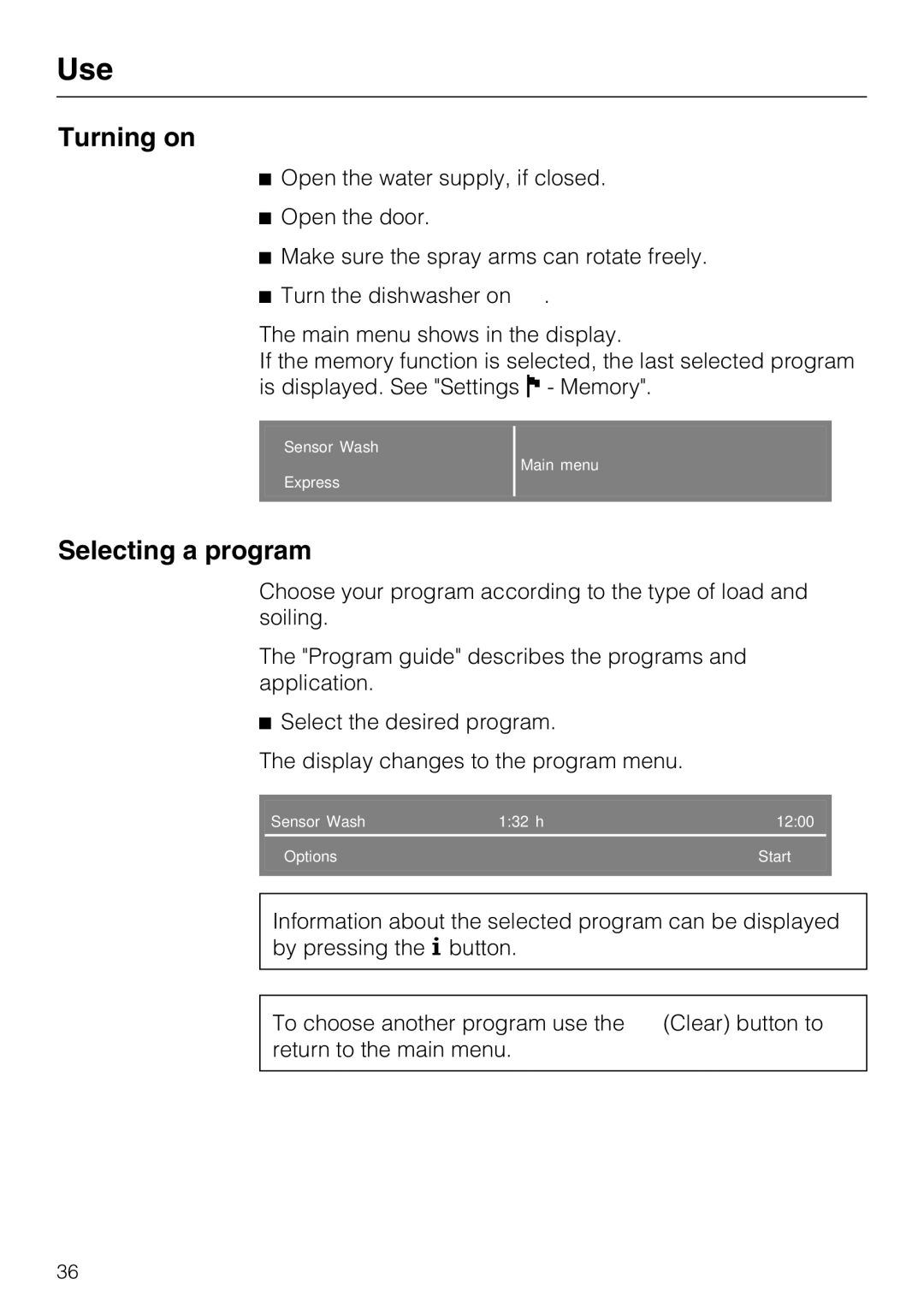 Miele G5975, G 5970 operating instructions Turning on, Selecting a program 