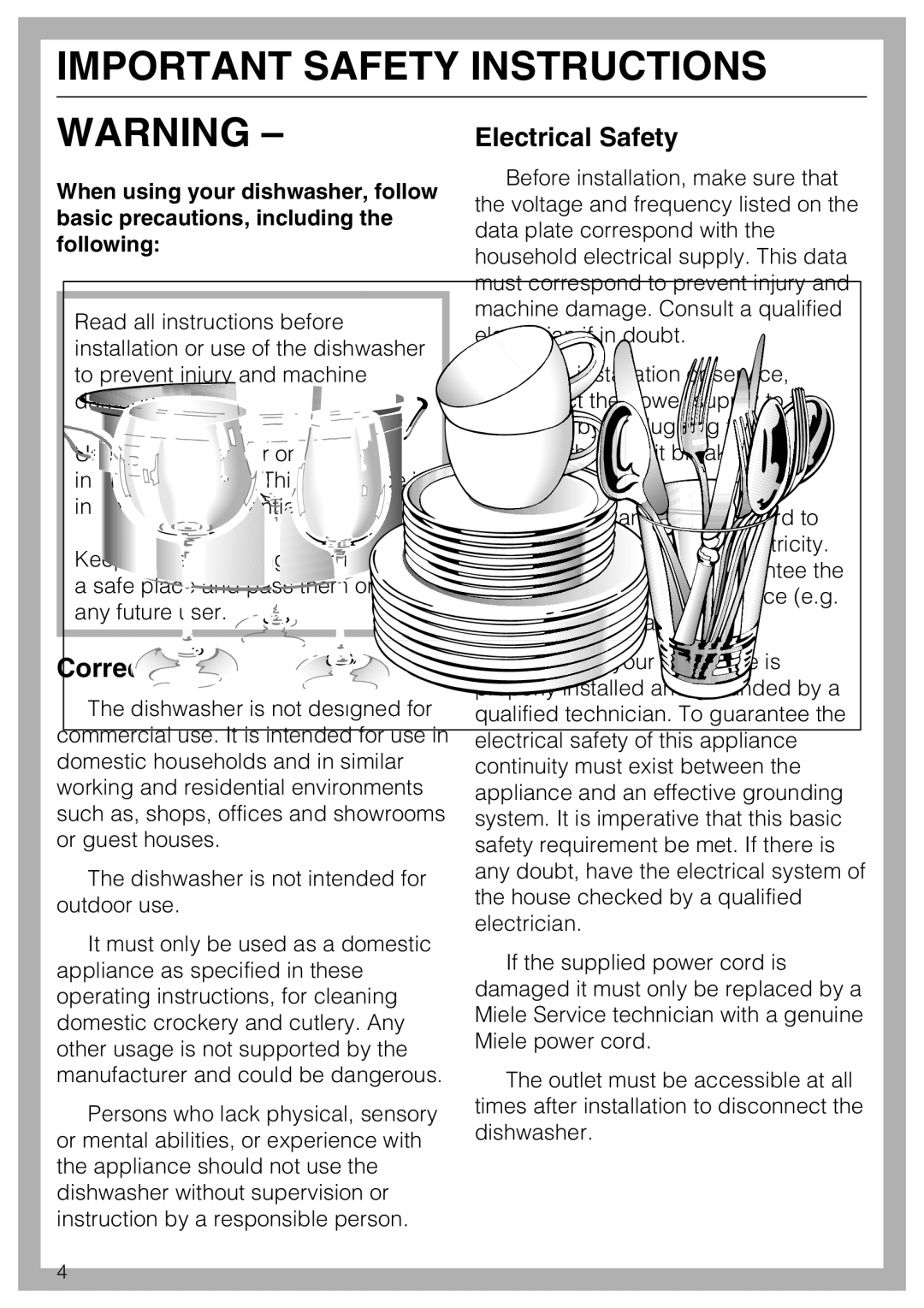 Miele G5975, G 5970 operating instructions Electrical Safety, Correct usage 