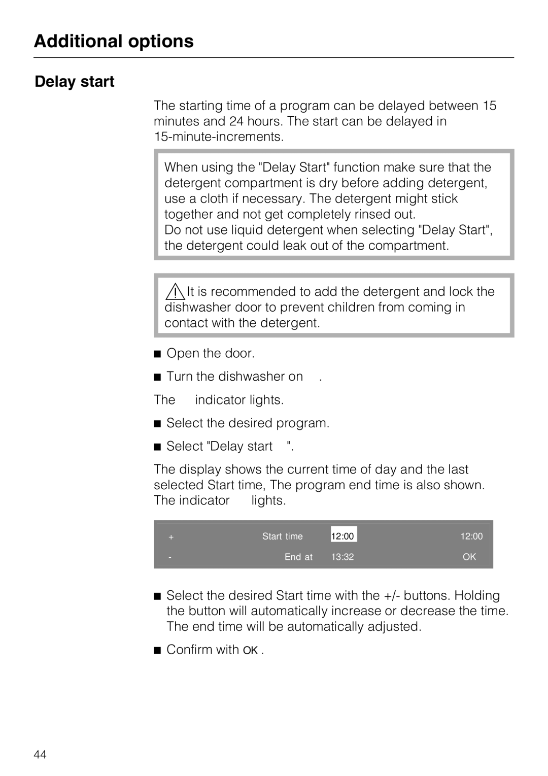 Miele G5975, G 5970 operating instructions Additional options, Delay start 