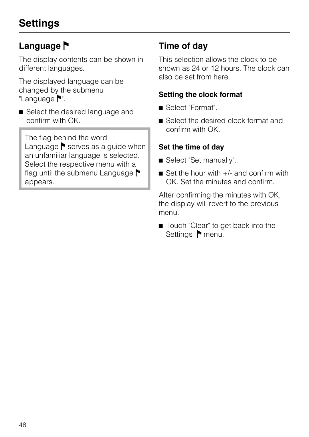 Miele G5975, G 5970 operating instructions Language, Time of day, Setting the clock format, Set the time of day 